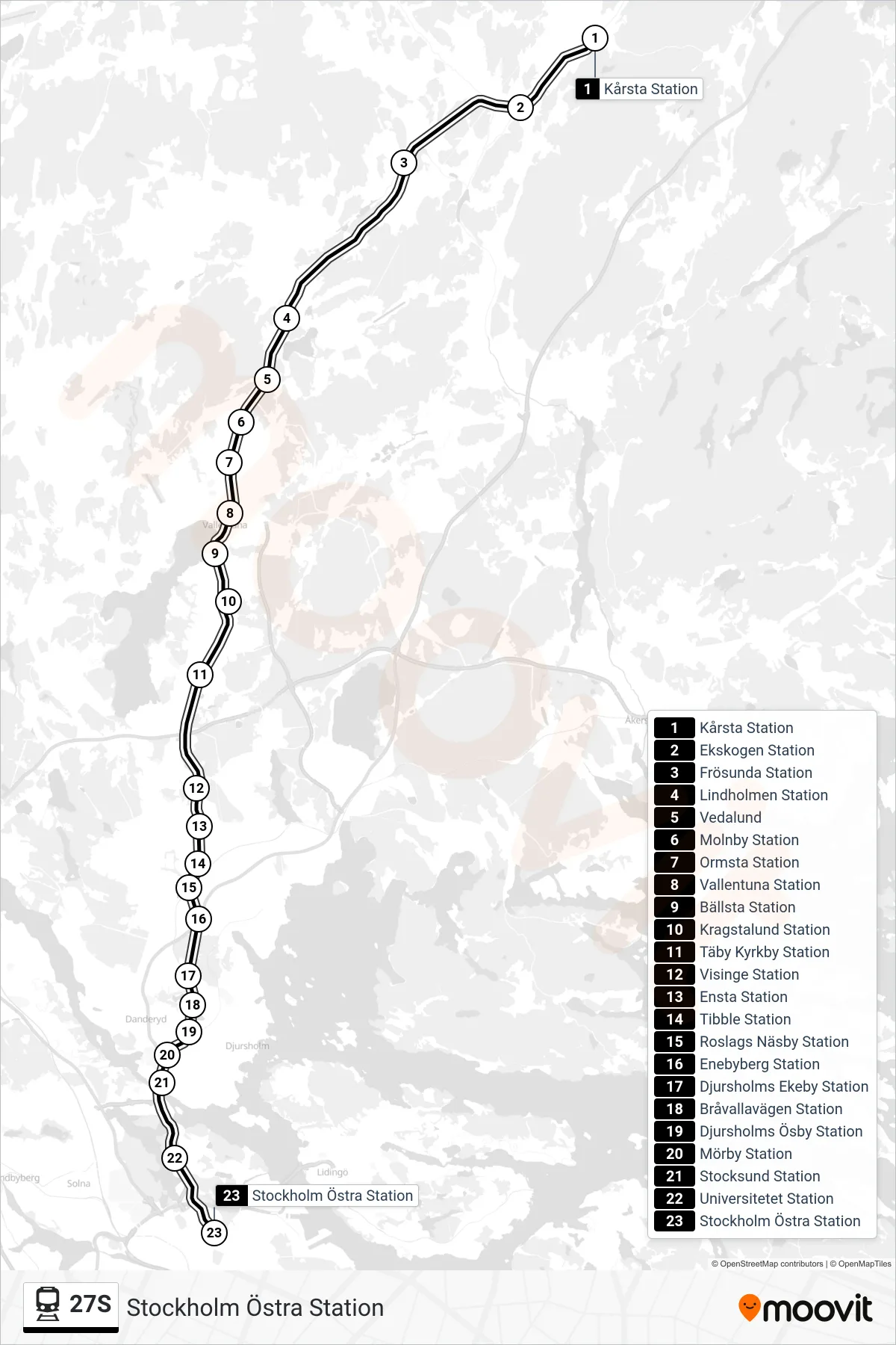 Rutt och hållplatser på karta för linje 27S tåg, (Stockholm Östra Station)