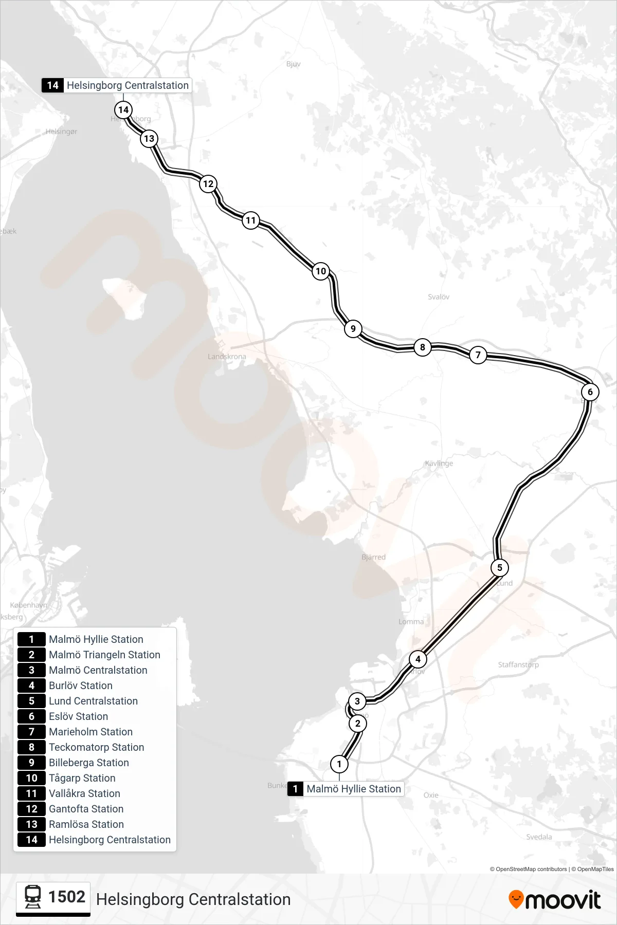 Rutt och hållplatser på karta för linje 1502 spårvagn, (Helsingborg Centralstation)