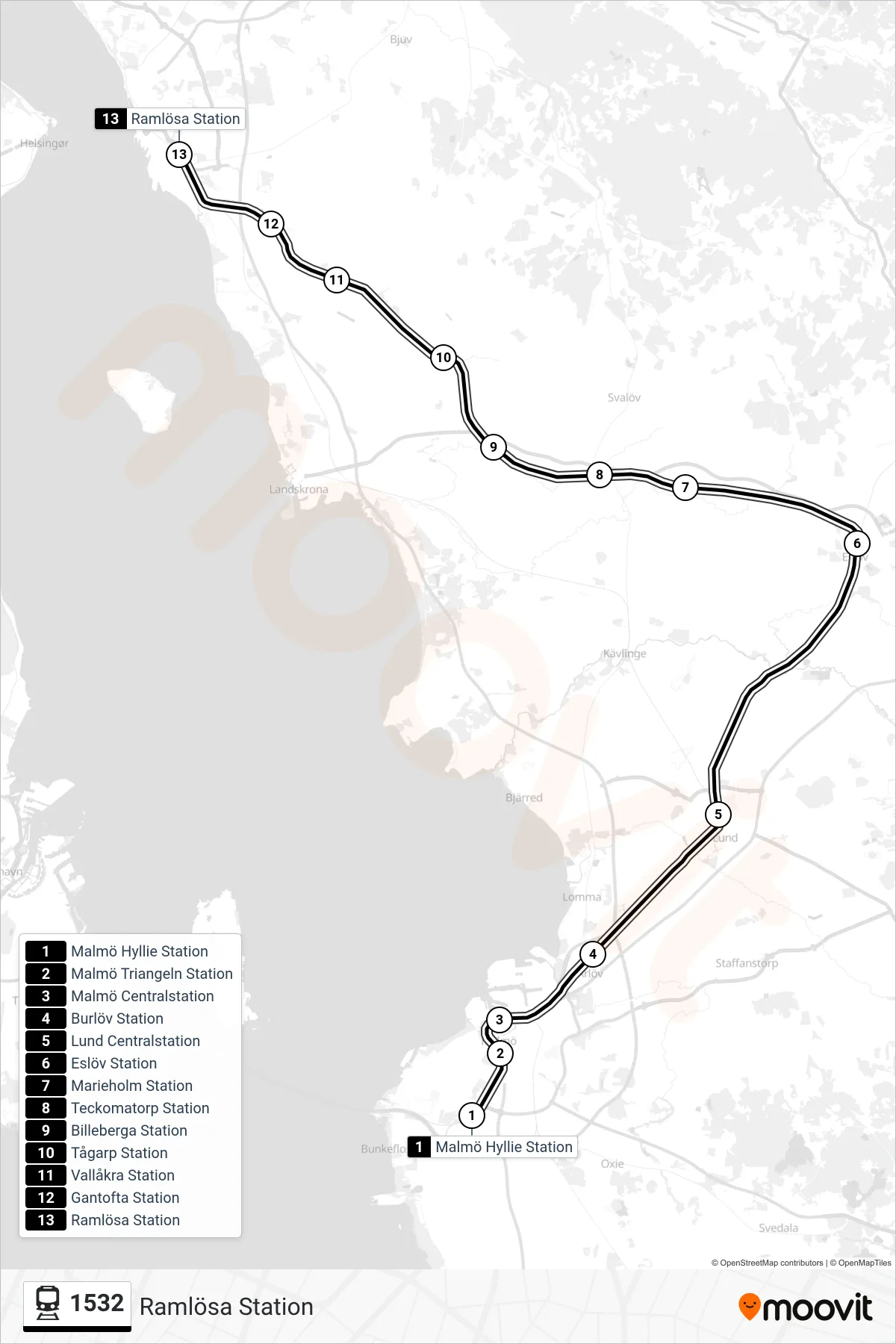 Rutt och hållplatser på karta för linje 1532 spårvagn, (Ramlösa Station)