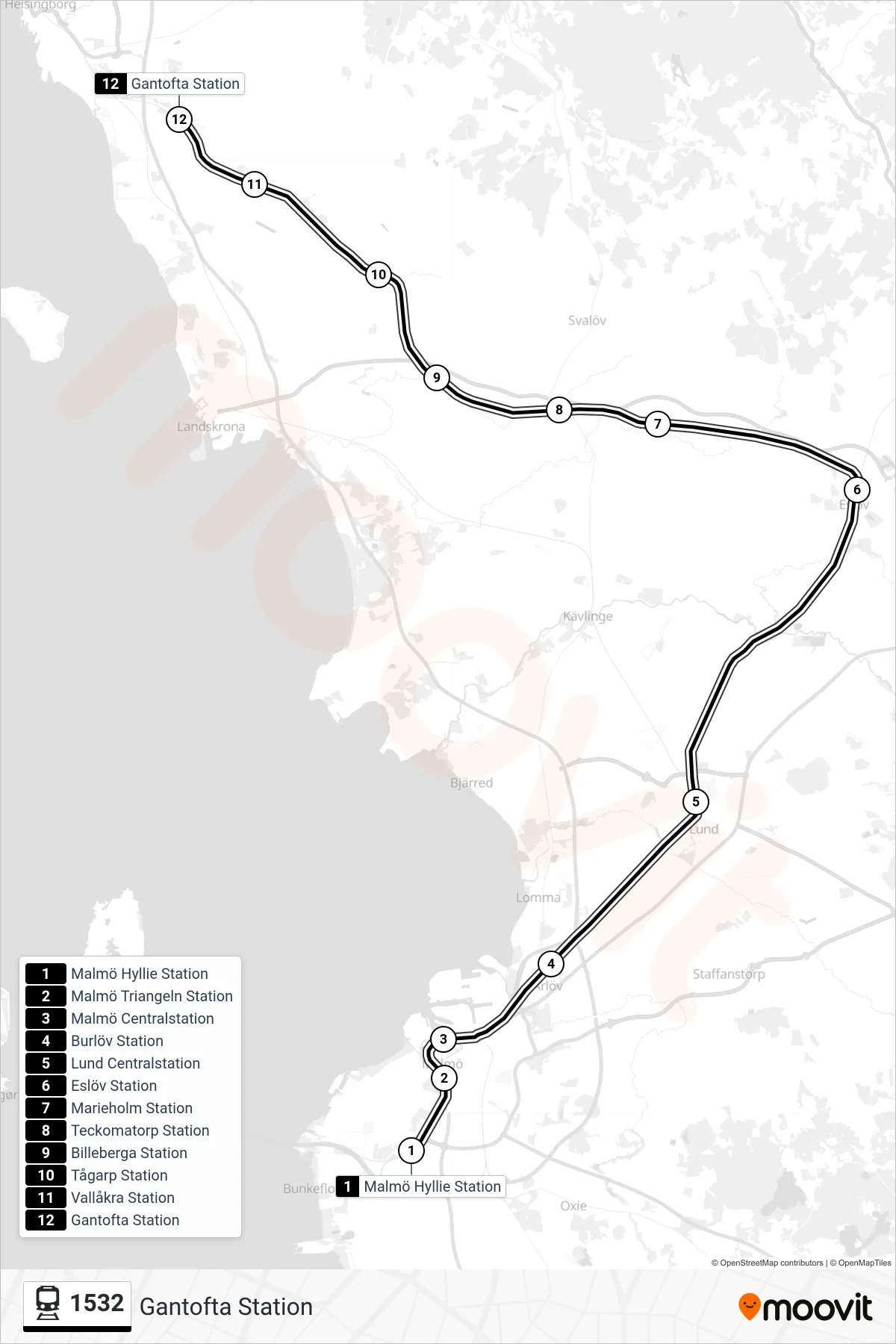 Rutt och hållplatser på karta för linje 1532 spårvagn, (Gantofta Station)