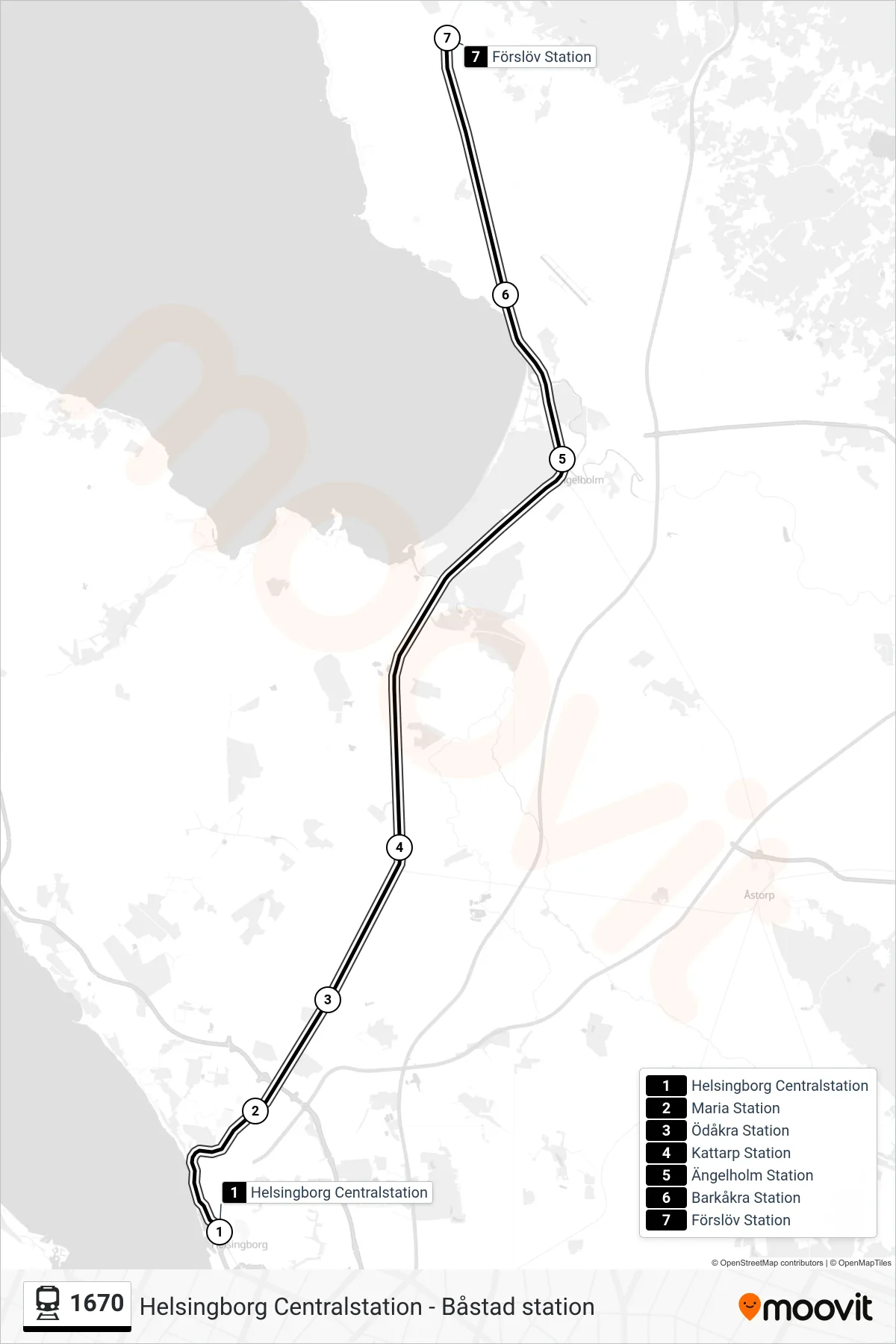 Rutt och hållplatser på karta för linje 1670 spårvagn, (Förslöv Station)