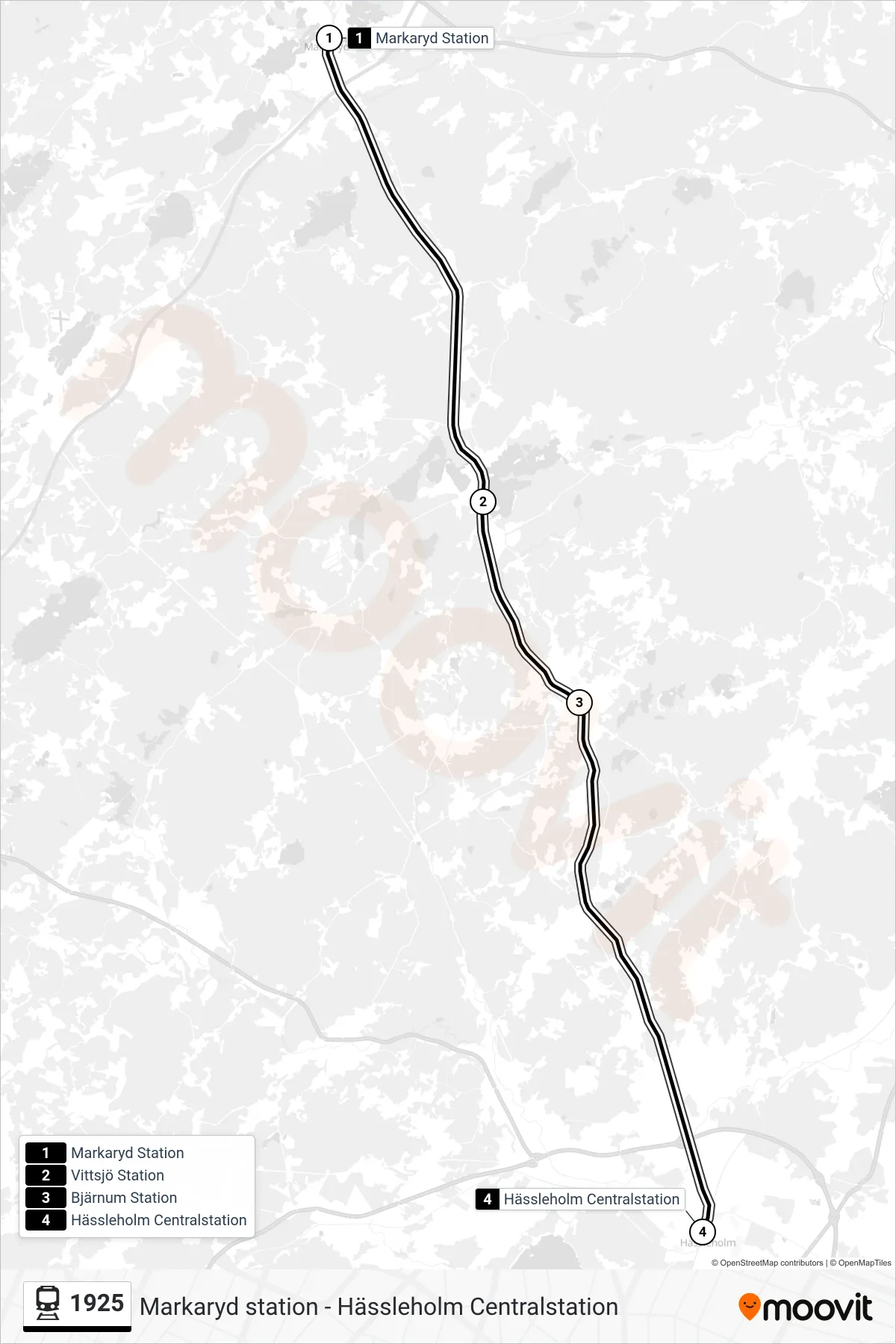 Rutt och hållplatser på karta för linje 1925  spårvagn, (Hässleholm Centralstation)
