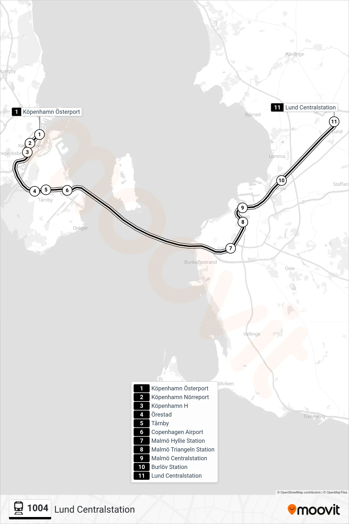 Rutt och hållplatser på karta för linje 1004  järnväg, (Lund Centralstation)