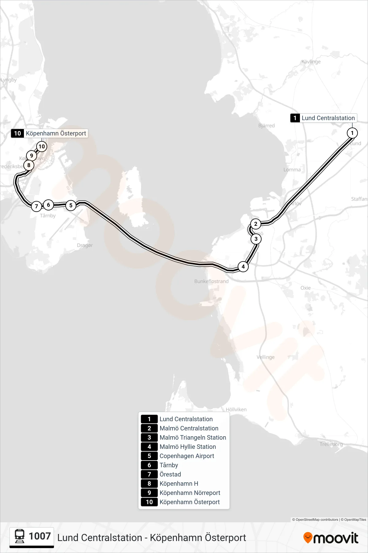 Rutt och hållplatser på karta för linje 1007 tåg, (Köpenhamn Österport)