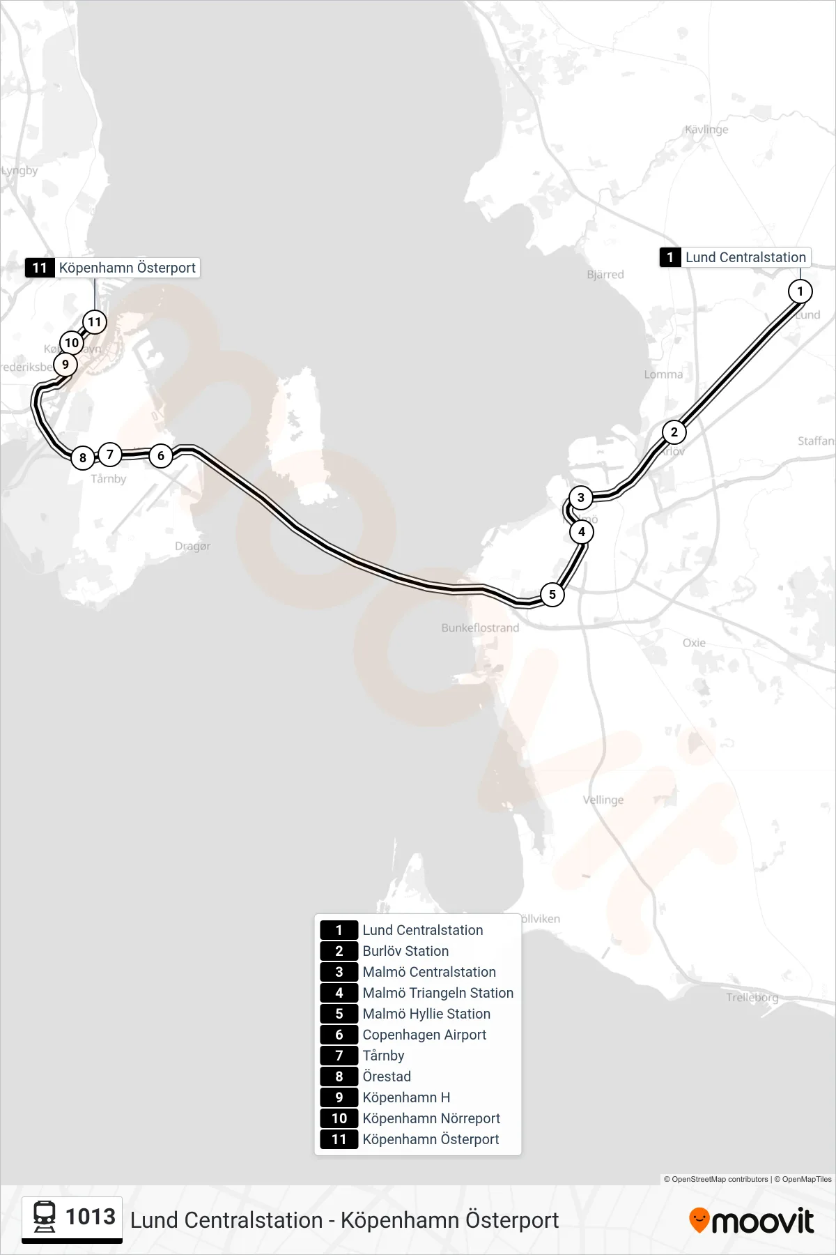 Rutt och hållplatser på karta för linje 1013 tåg, (Köpenhamn Österport)