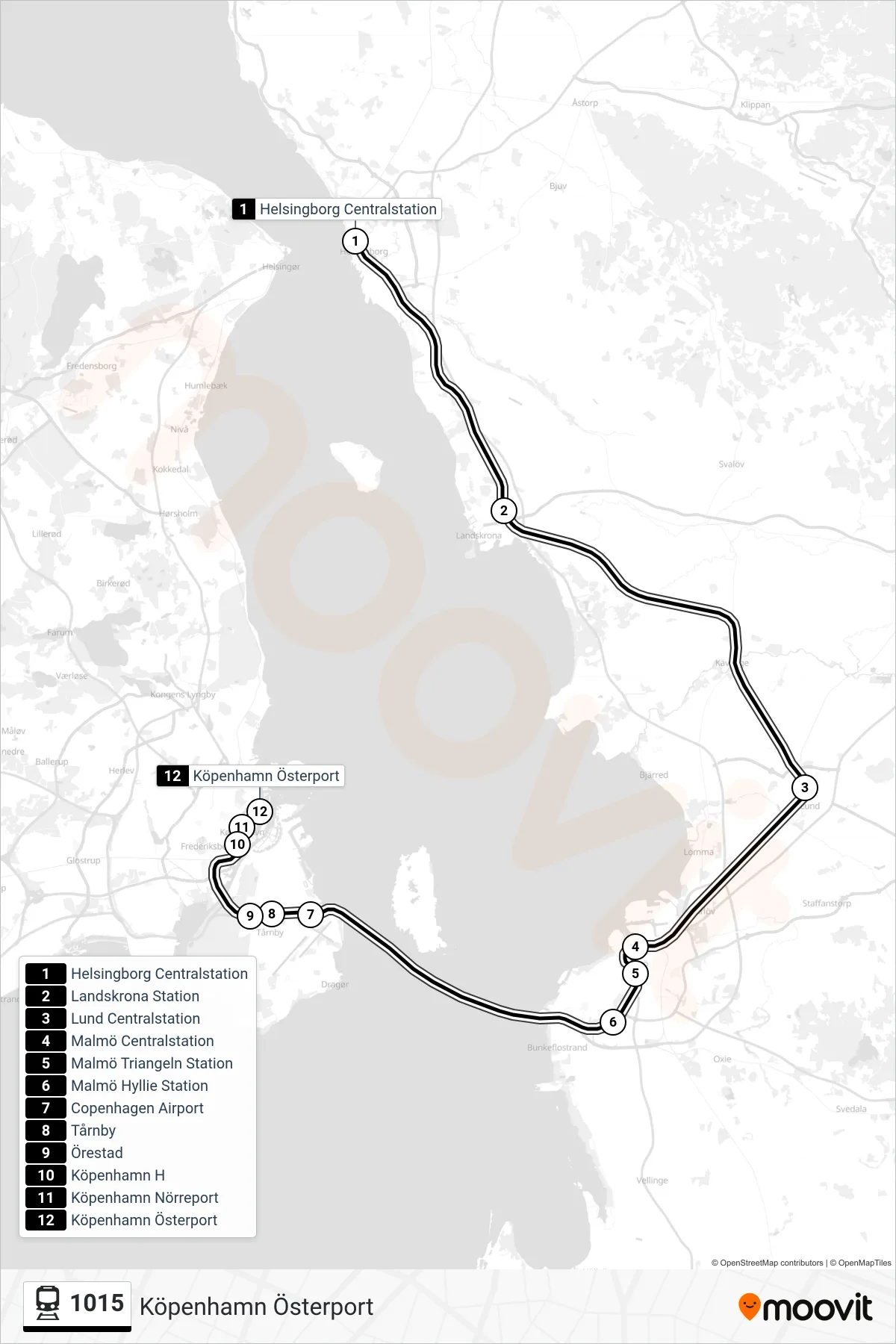 Rutt och hållplatser på karta för linje 1015  tåg, (Köpenhamn Österport)