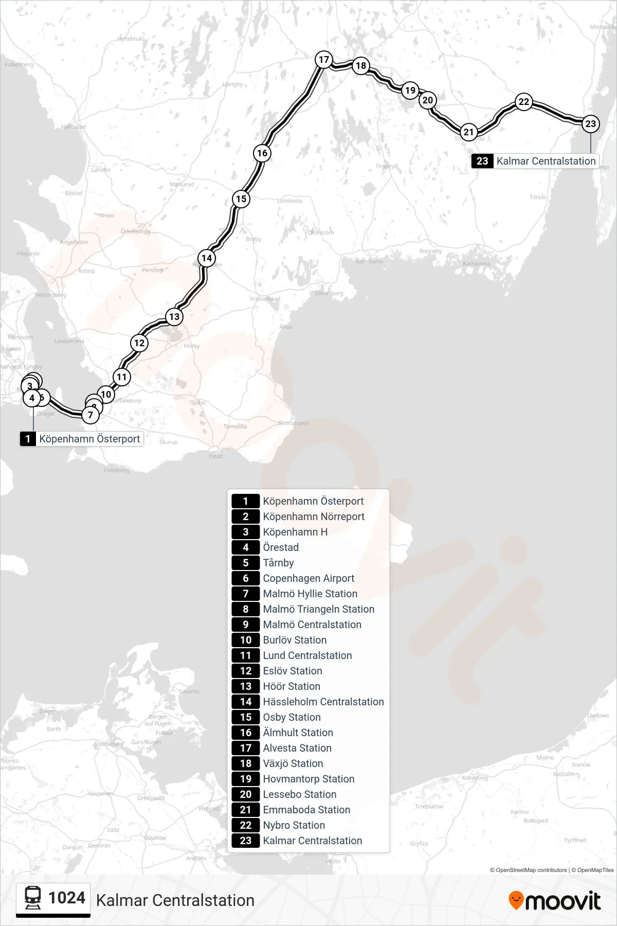 Rutt och hållplatser på karta för linje 1024 tåg, (Kalmar Centralstation)