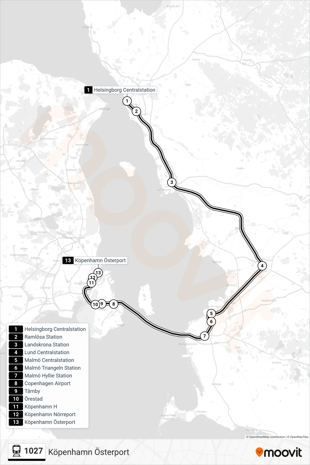 Rutt och hållplatser på karta för linje 1027 tåg, (Köpenhamn Österport)