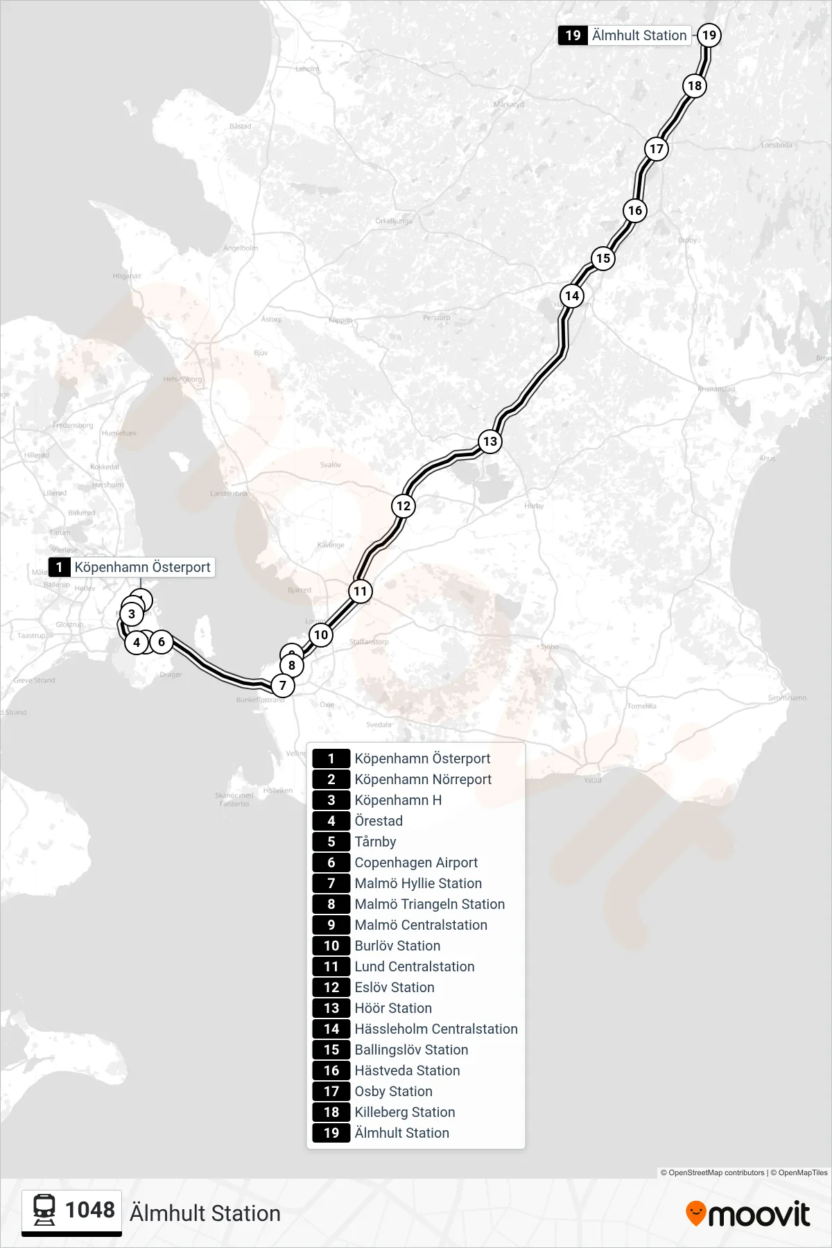 Rutt och hållplatser på karta för linje 1048 järnväg, (Älmhult Station)