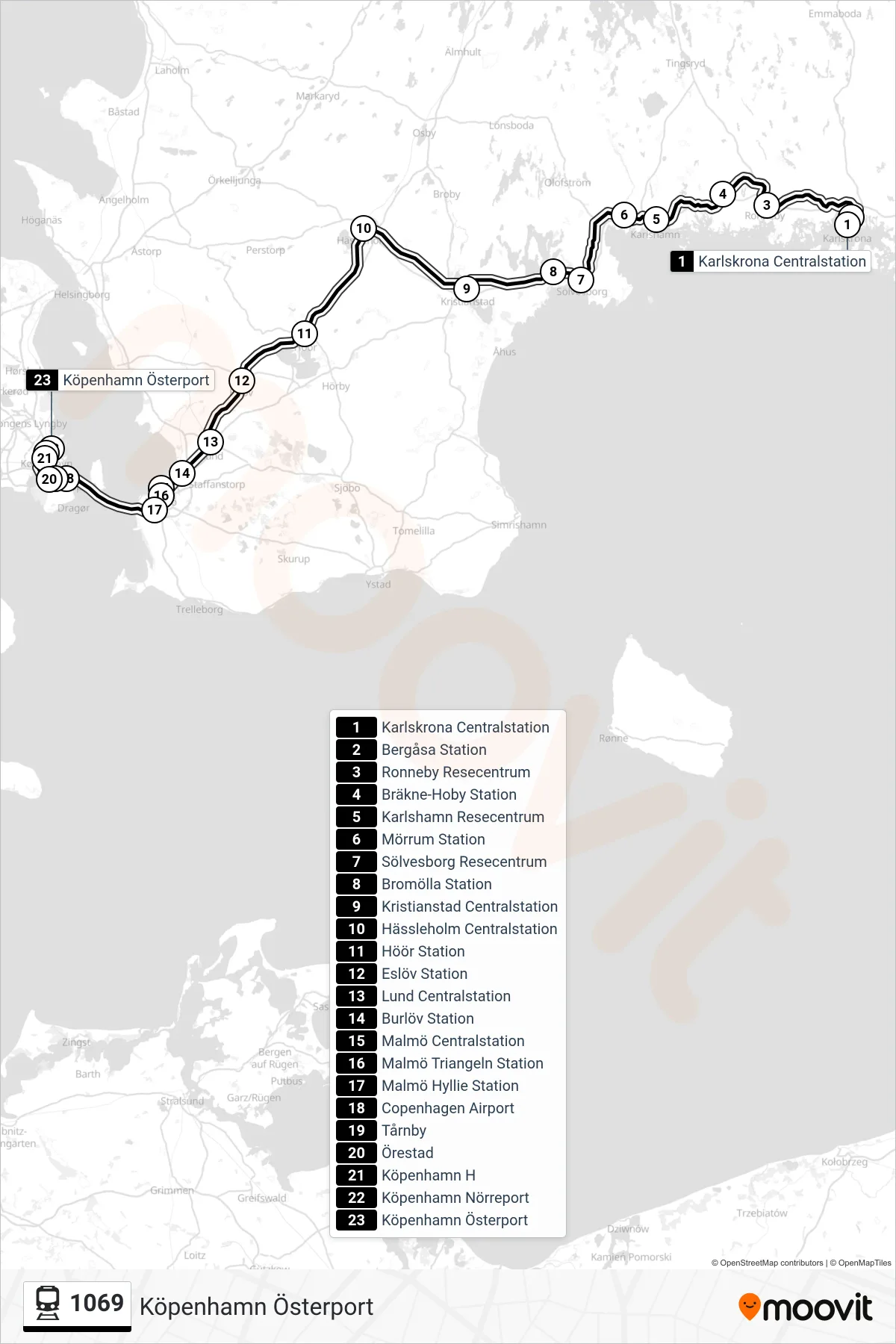 Rutt och hållplatser på karta för linje 1069 tåg, (Köpenhamn Österport)