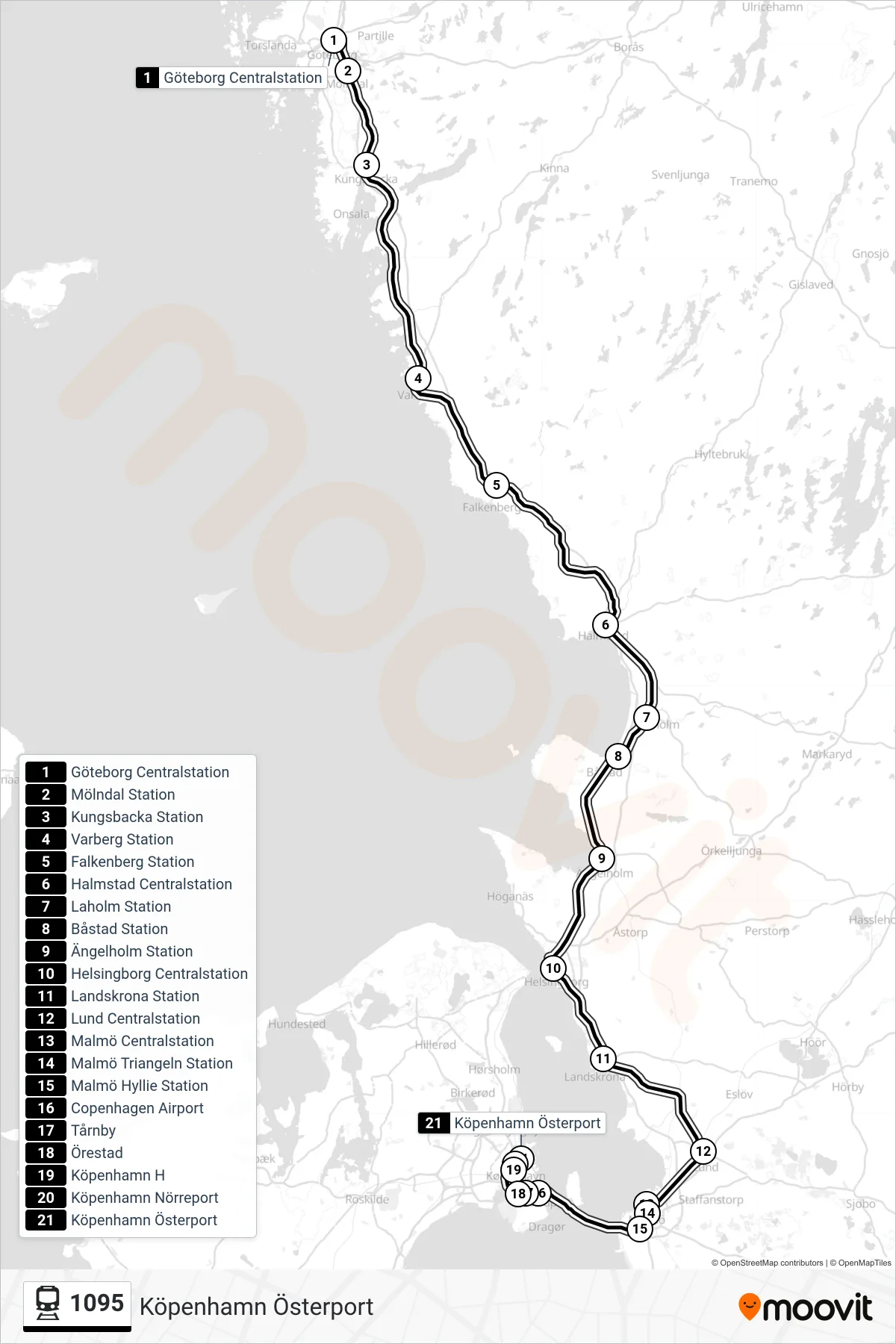 Rutt och hållplatser på karta för linje 1095  tåg, (Köpenhamn Österport)