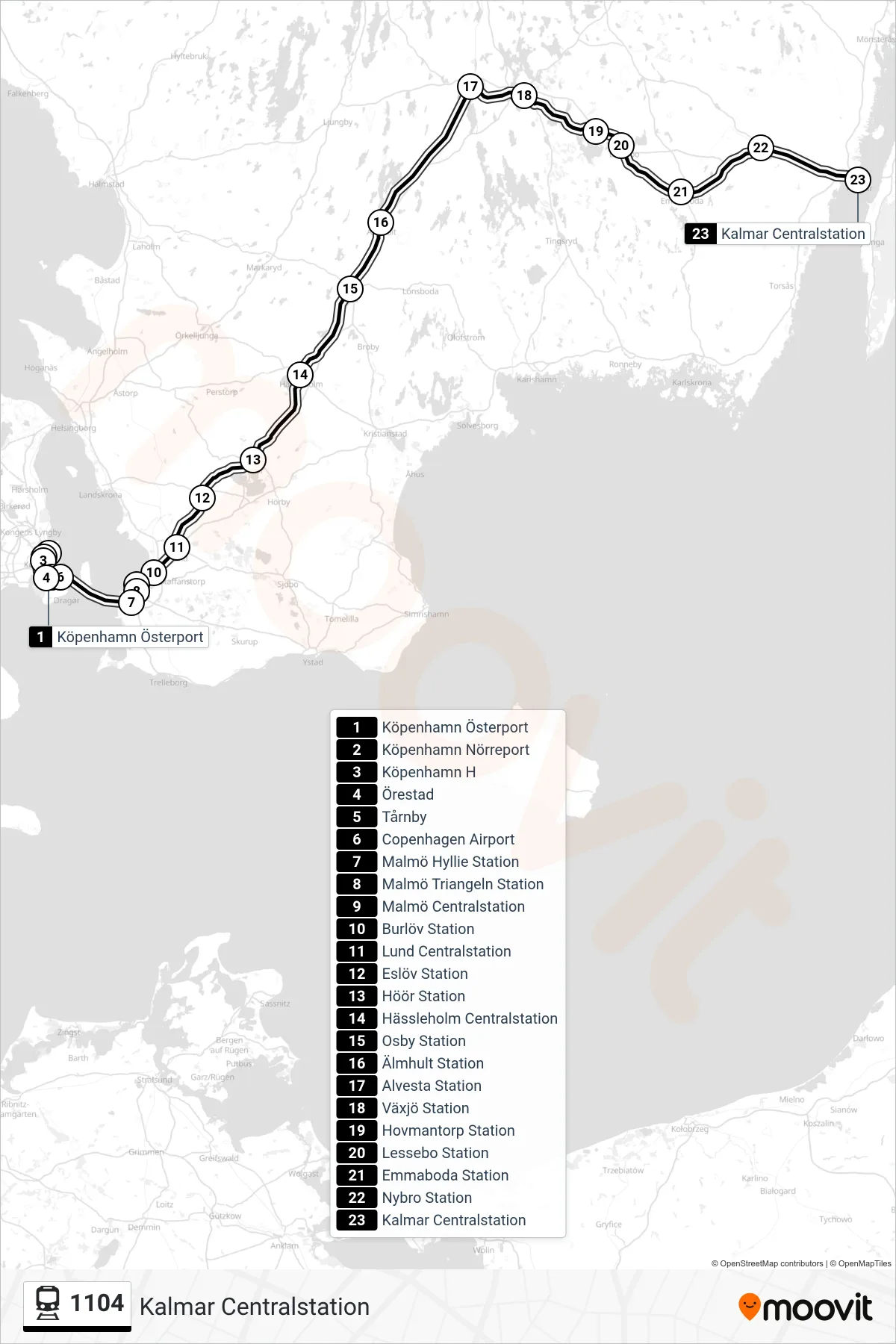 Rutt och hållplatser på karta för linje 1104 tåg, (Kalmar Centralstation)