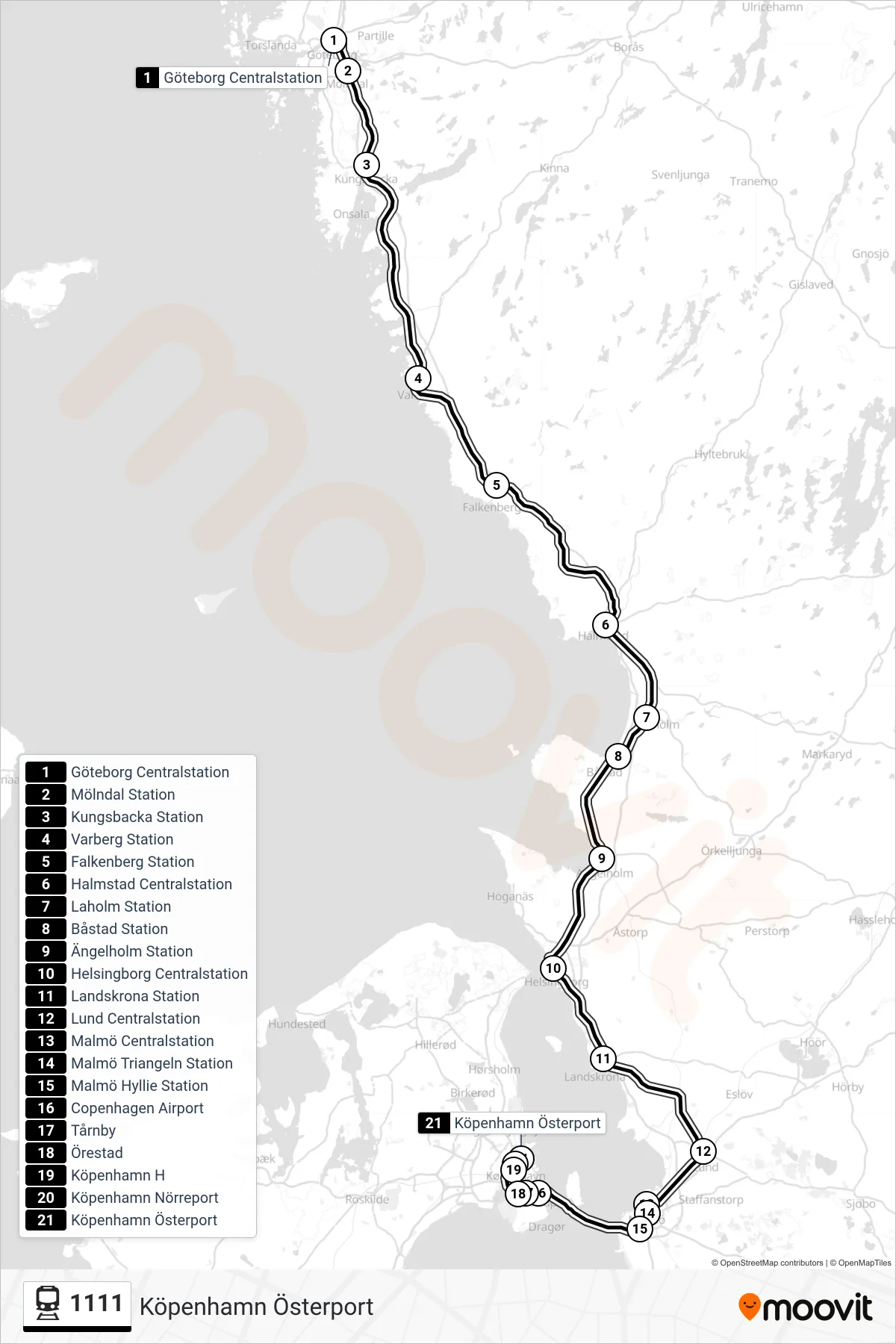 Rutt och hållplatser på karta för linje 1111  tåg, (Köpenhamn Österport)