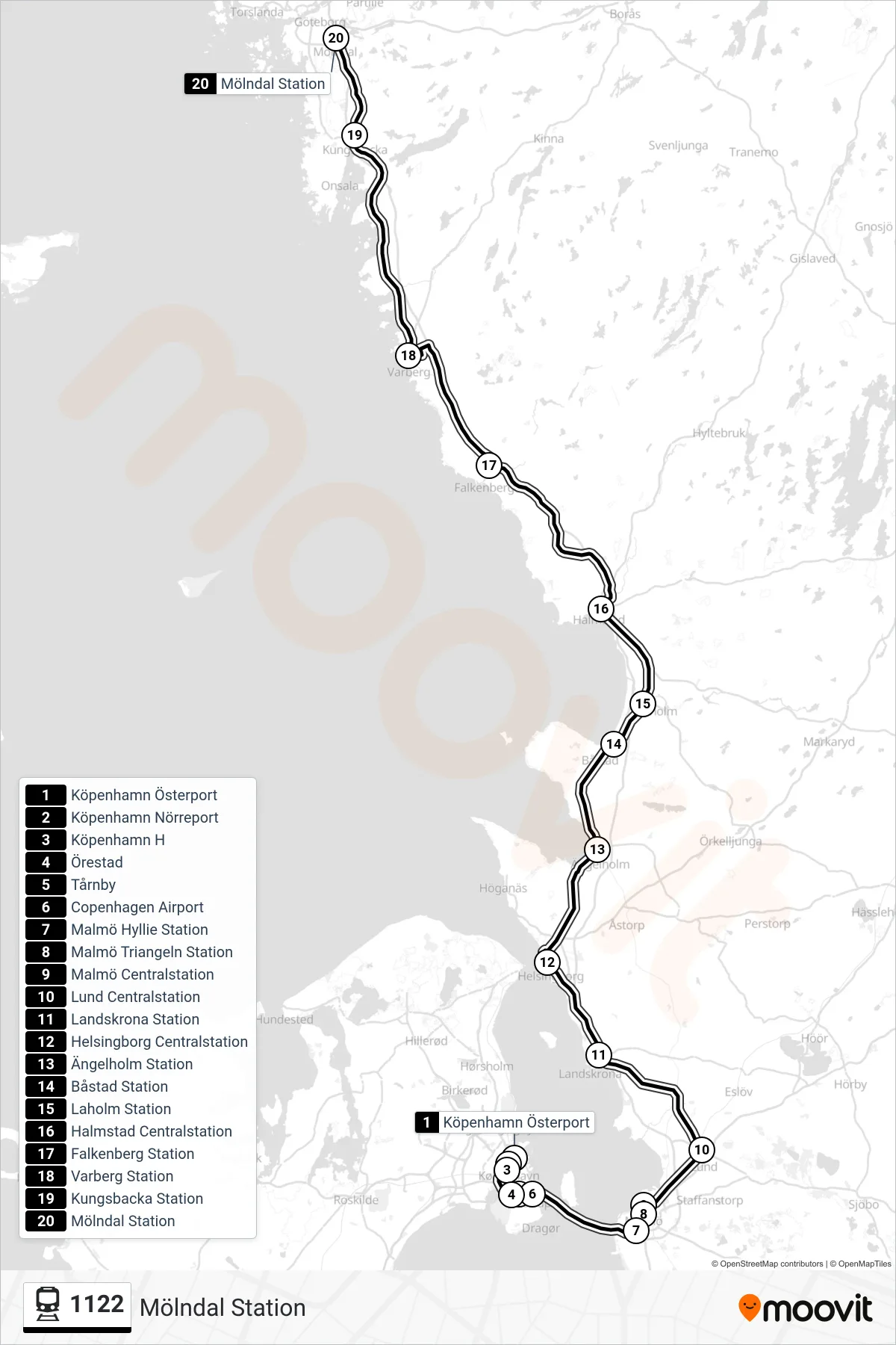 Rutt och hållplatser på karta för linje 1122 tåg, (Mölndal Station)
