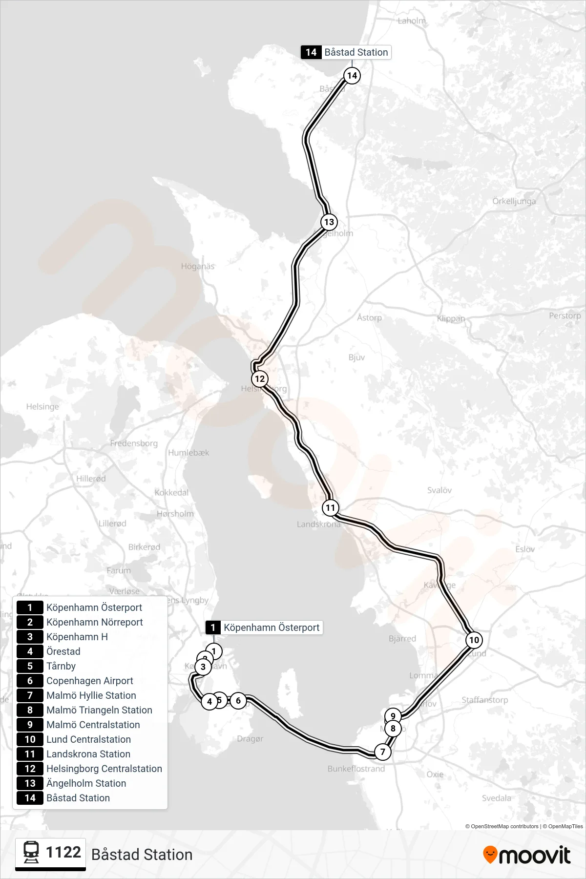 Rutt och hållplatser på karta för linje 1122 tåg, (Båstad Station)