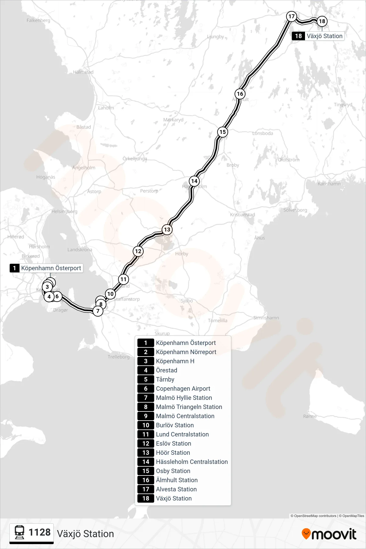 Rutt och hållplatser på karta för linje 1128 tåg, (Växjö Station)