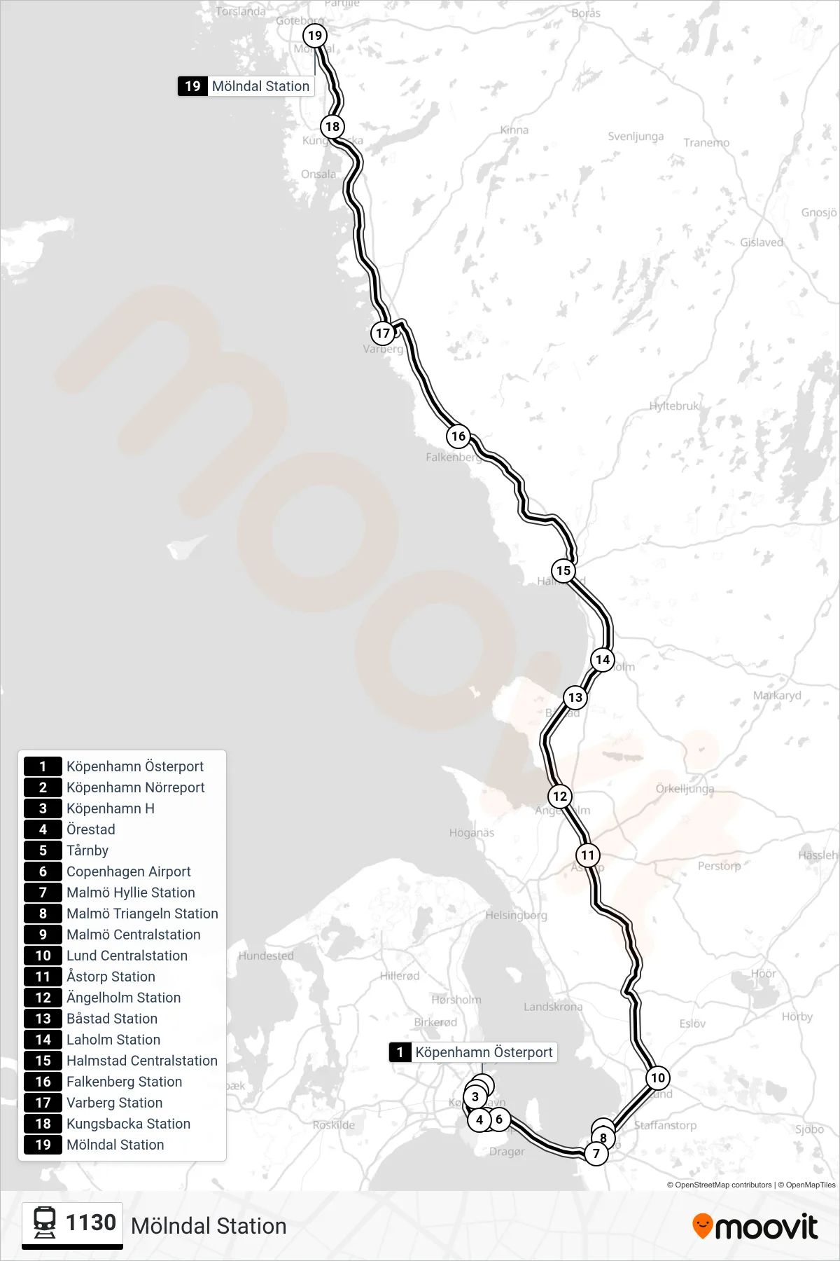 Rutt och hållplatser på karta för linje 1130 tåg, (Mölndal Station)