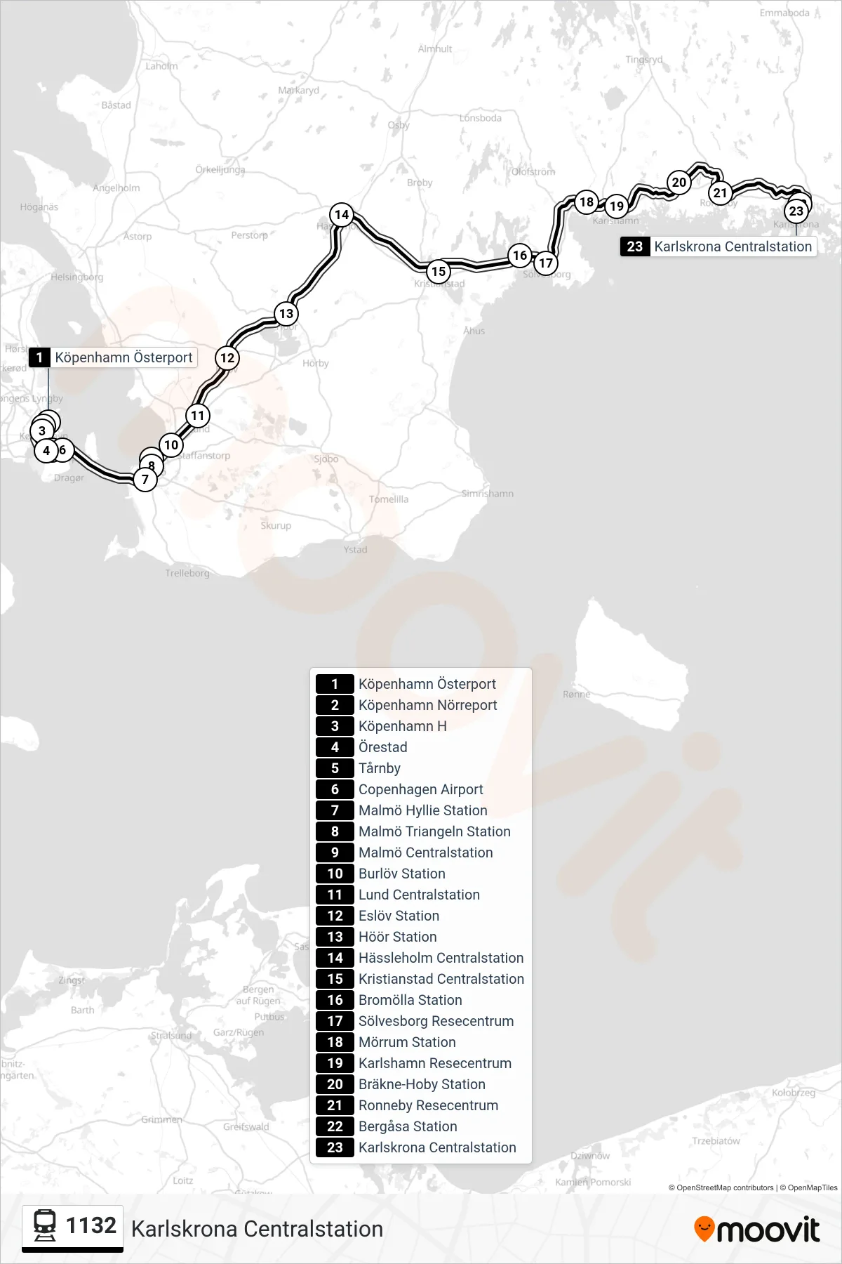 Rutt och hållplatser på karta för linje 1132  tåg, (Karlskrona Centralstation)