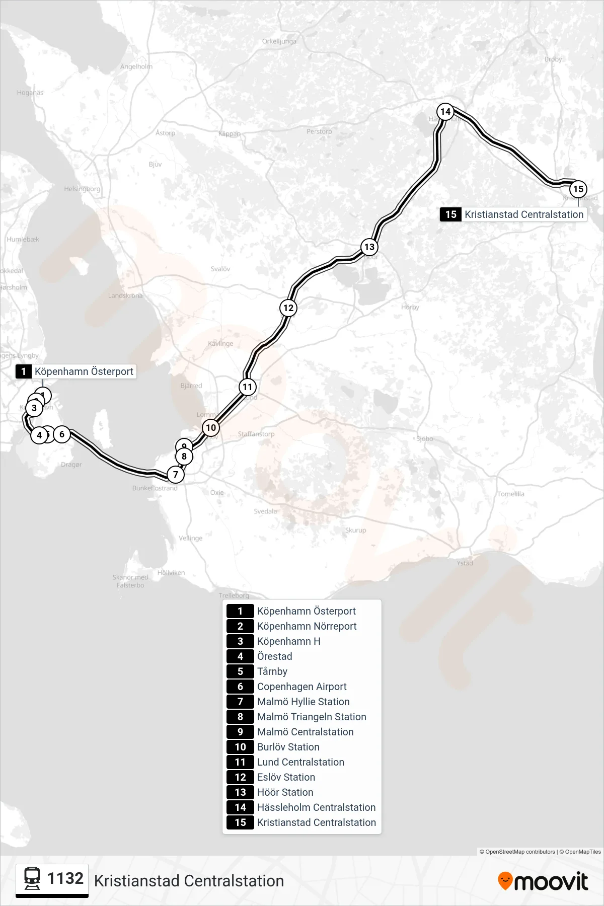 Rutt och hållplatser på karta för linje 1132 tåg, (Kristianstad Centralstation)