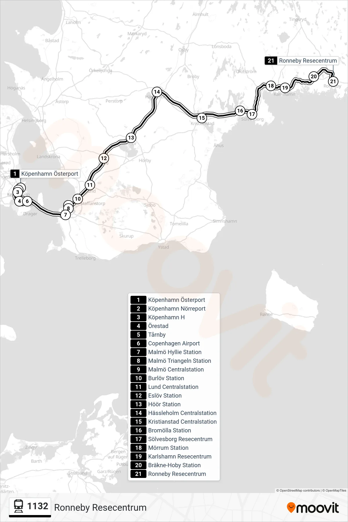 Rutt och hållplatser på karta för linje 1132  tåg, (Ronneby Resecentrum)