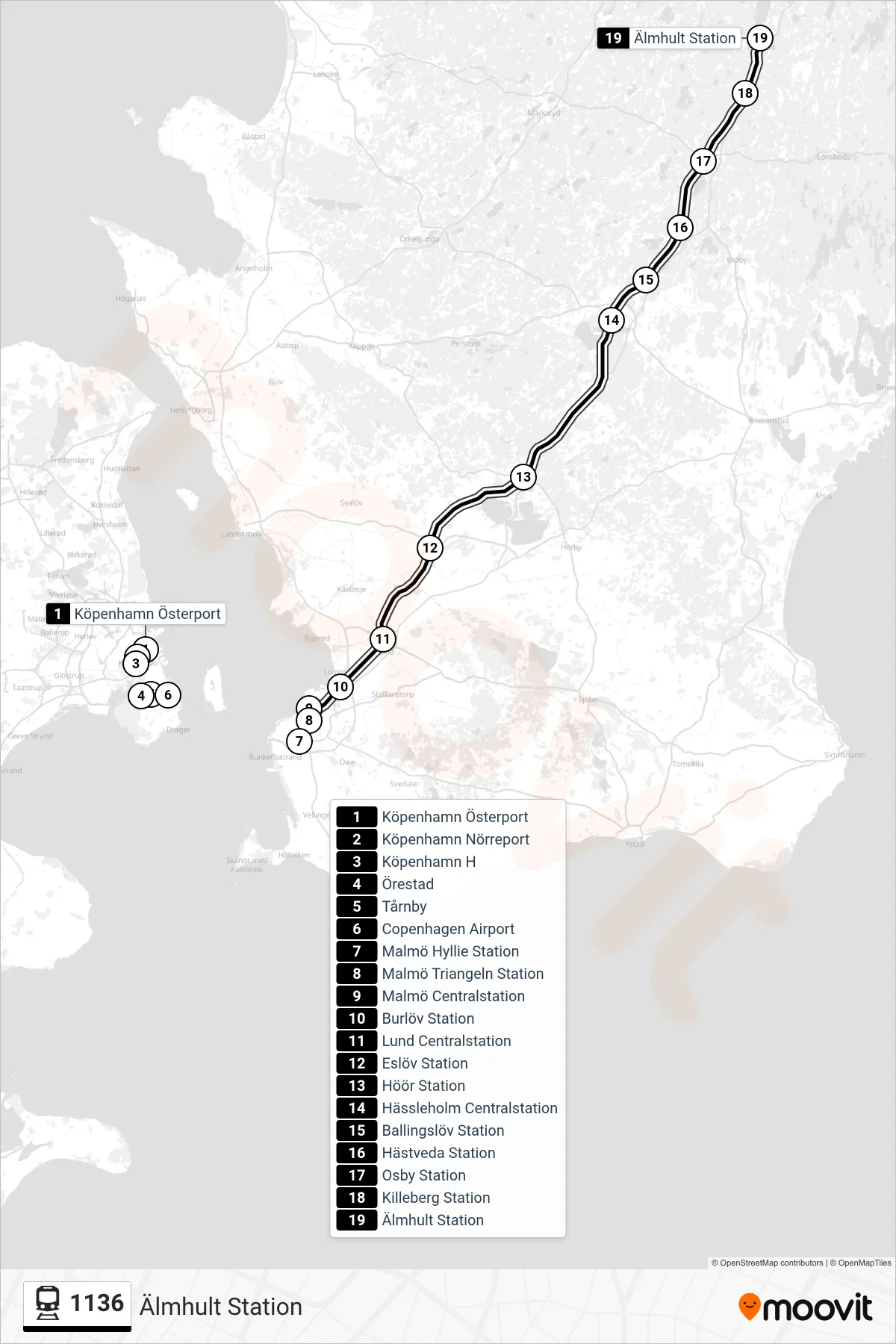 Rutt och hållplatser på karta för linje 1136 tåg, (Älmhult Station)