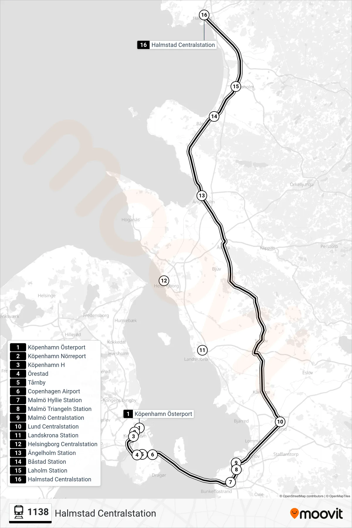 Rutt och hållplatser på karta för linje 1138 järnväg, (Halmstad Centralstation)