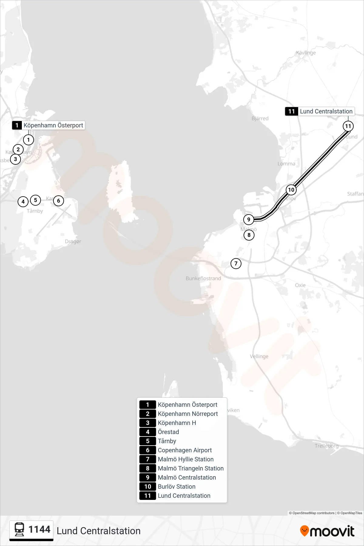 Rutt och hållplatser på karta för linje 1144 tåg, (Lund Centralstation)