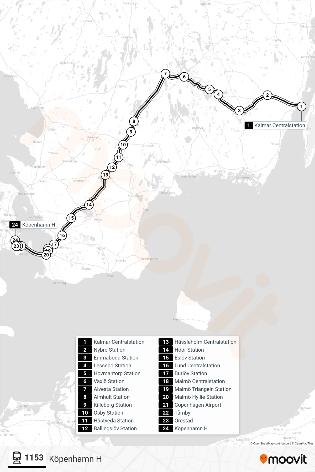 Rutt och hållplatser på karta för linje 1153 tåg, (Köpenhamn H)