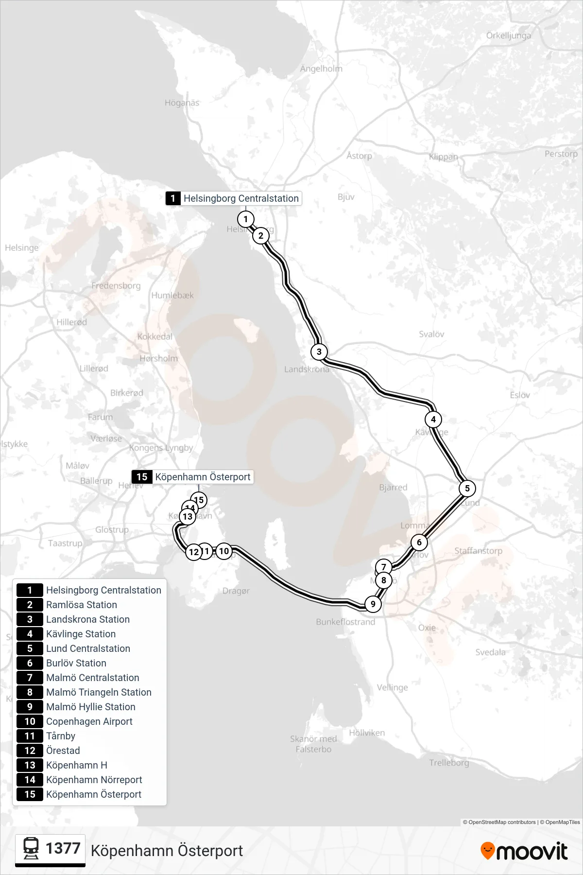 Rutt och hållplatser på karta för linje 1377 tåg, (Köpenhamn Österport)