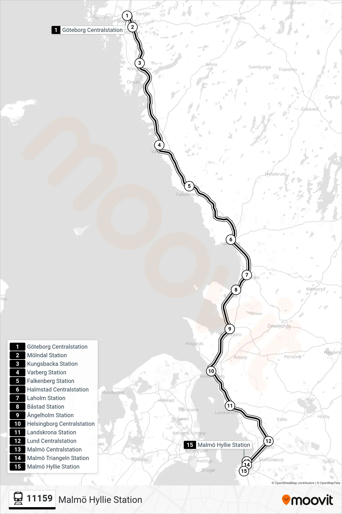 Rutt och hållplatser på karta för linje 11159 tåg, (Malmö Hyllie Station)
