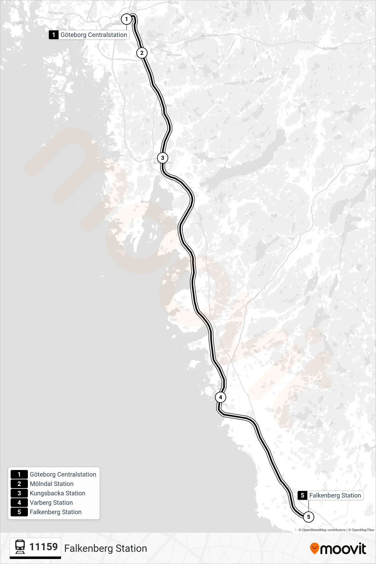 Rutt och hållplatser på karta för linje 11159  tåg, (Falkenberg Station)