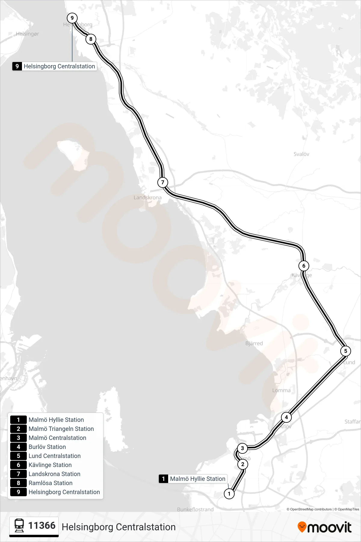Rutt och hållplatser på karta för linje 11366  tåg, (Helsingborg Centralstation)