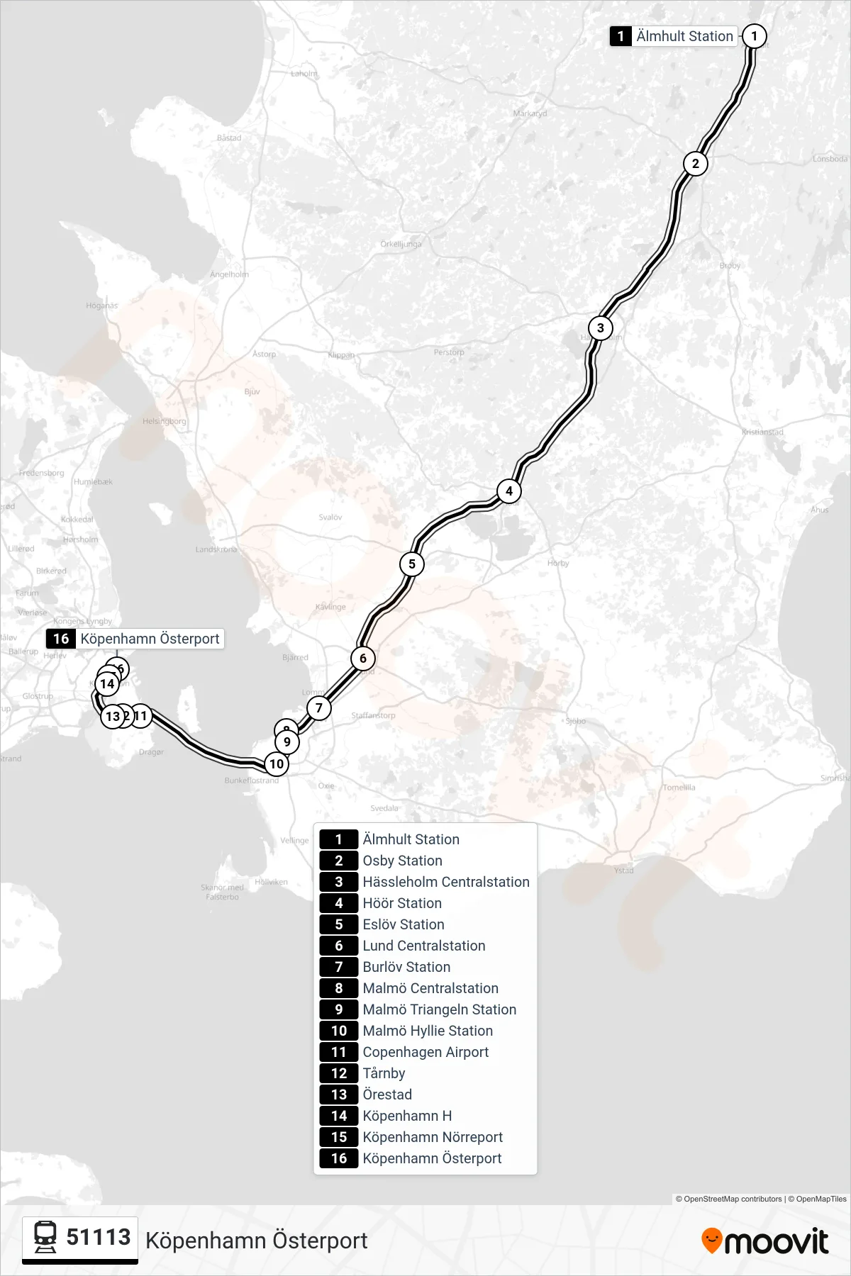 Rutt och hållplatser på karta för linje 51113 tåg, (Köpenhamn Österport)