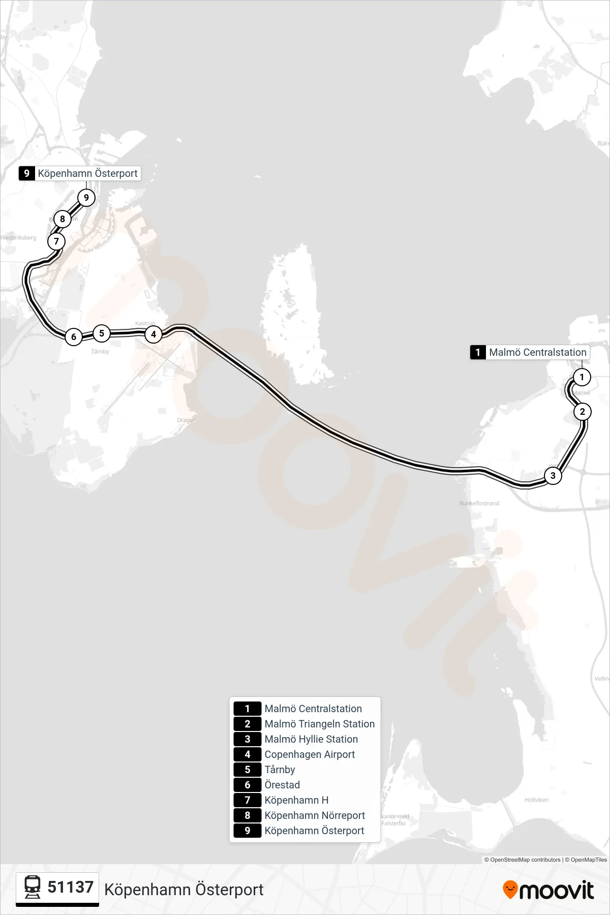 Rutt och hållplatser på karta för linje 51137  tåg, (Köpenhamn Österport)