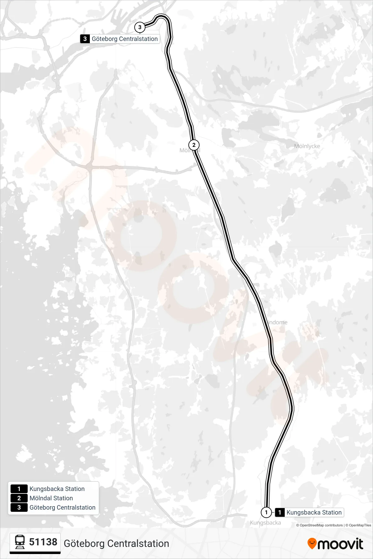 Rutt och hållplatser på karta för linje 51138 tåg, (Göteborg Centralstation)