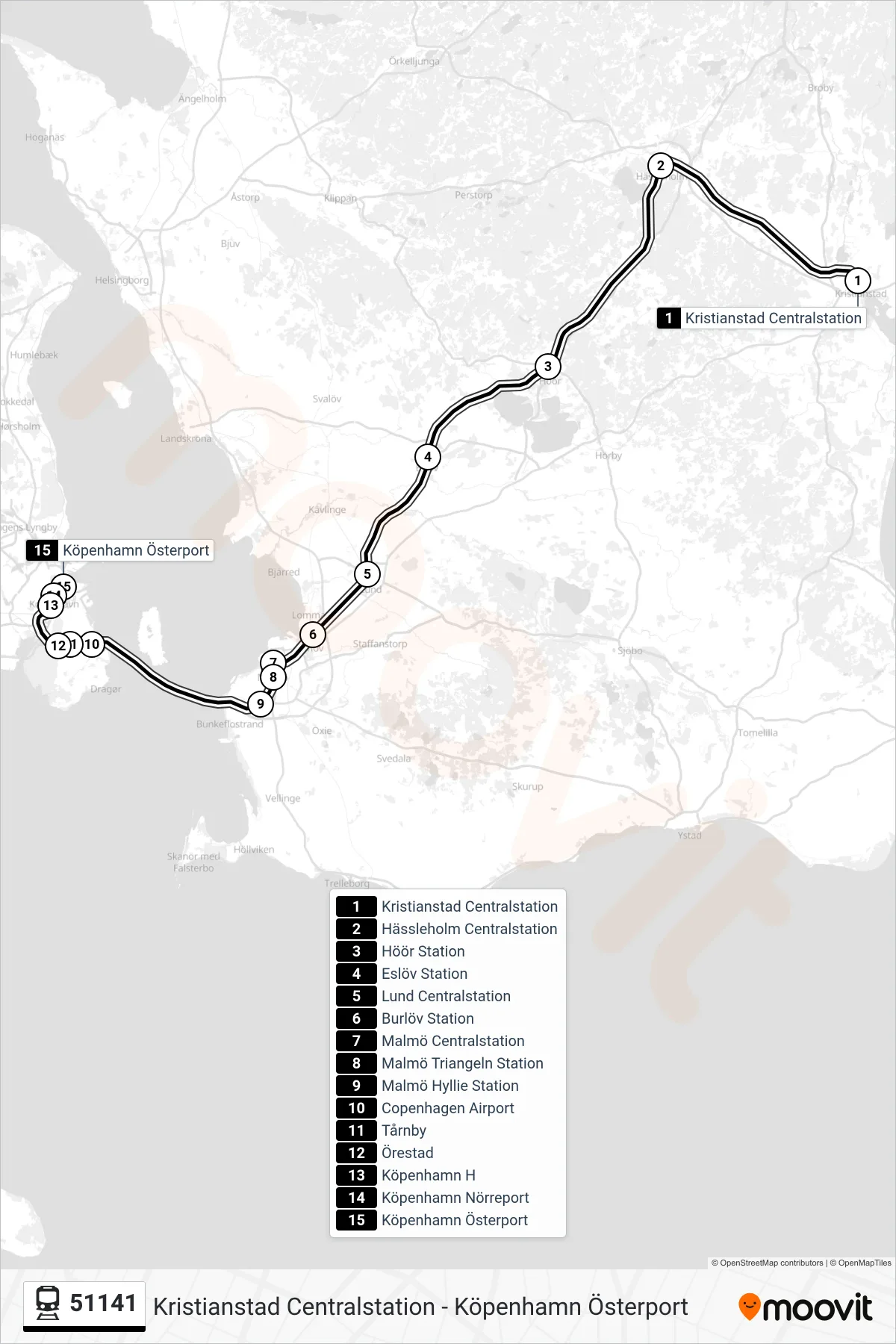 Rutt och hållplatser på karta för linje 51141 tåg, (Köpenhamn Österport)