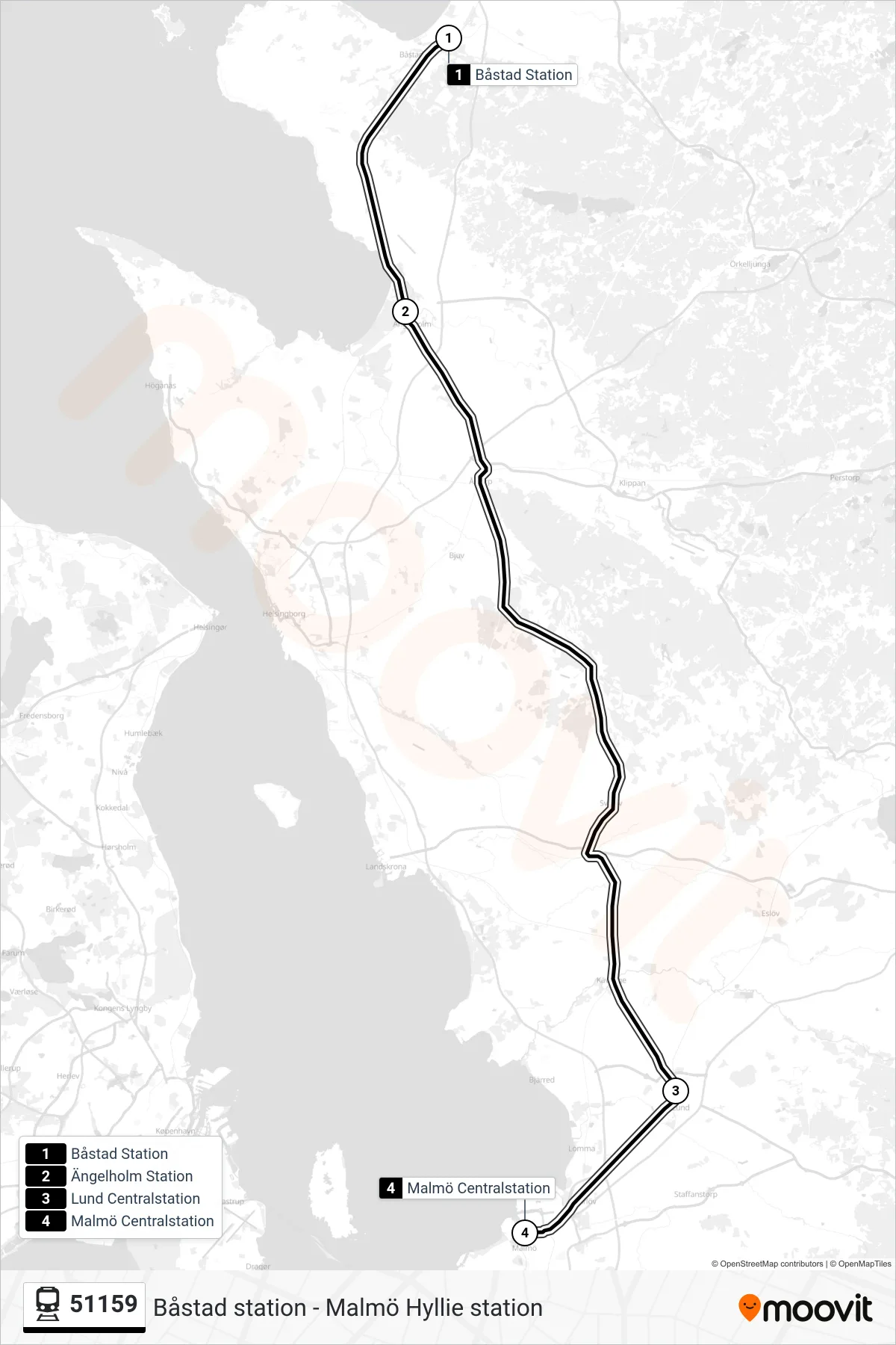 Rutt och hållplatser på karta för linje 51159 tåg, (Malmö Centralstation)