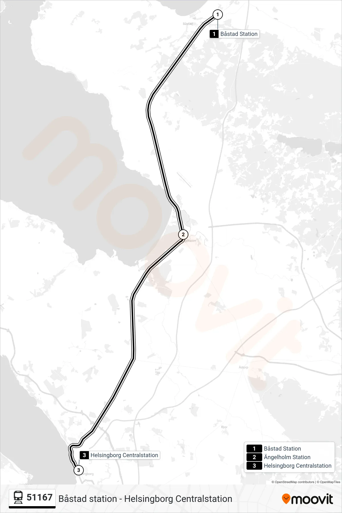 Rutt och hållplatser på karta för linje 51167 tåg, (Helsingborg Centralstation)