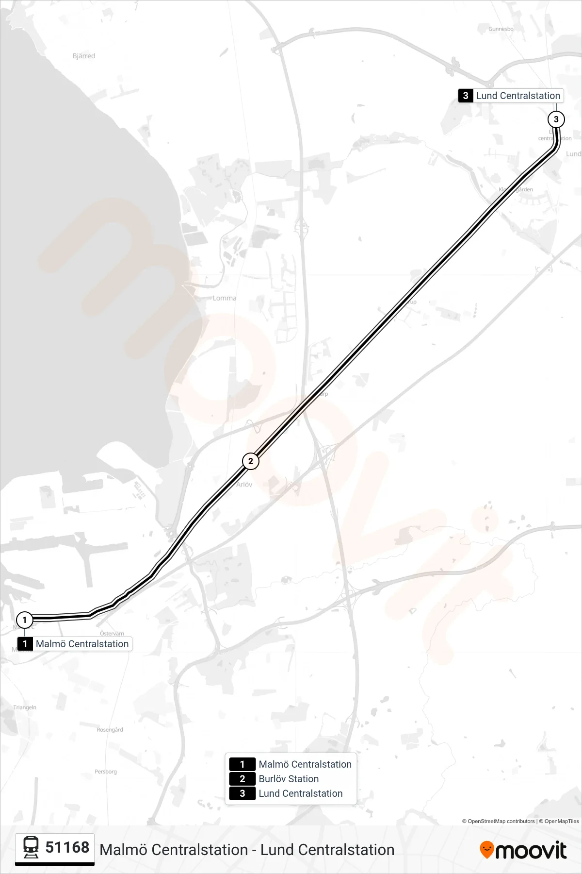 Rutt och hållplatser på karta för linje 51168 järnväg, (Lund Centralstation)