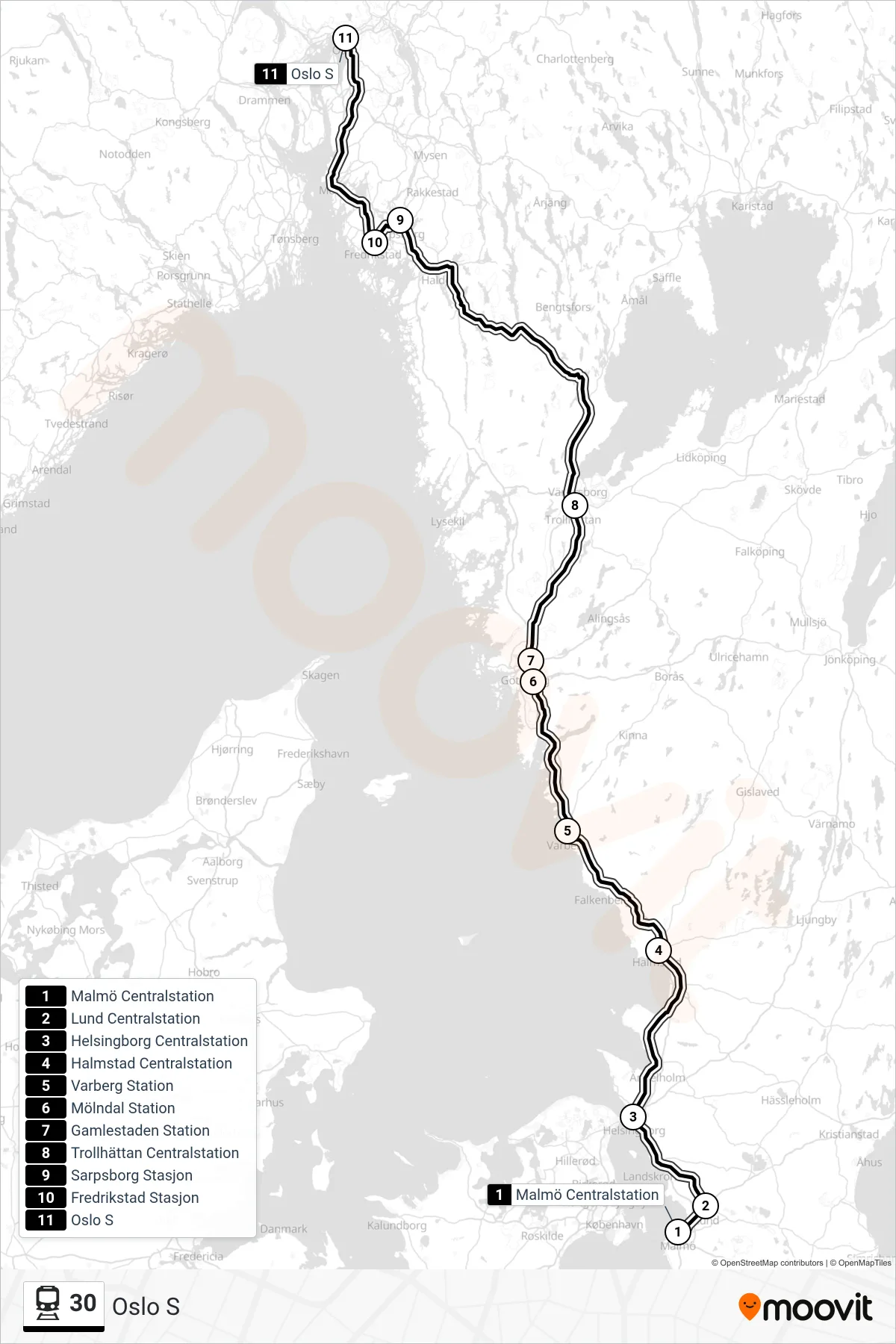 Rutt och hållplatser på karta för linje 30 tåg, (Oslo S)