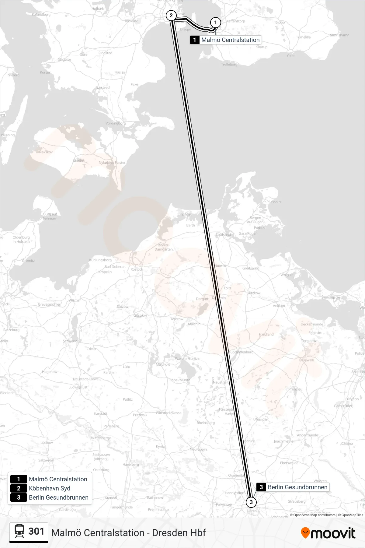 Rutt och hållplatser på karta för linje 301  tåg, (Berlin Gesundbrunnen)