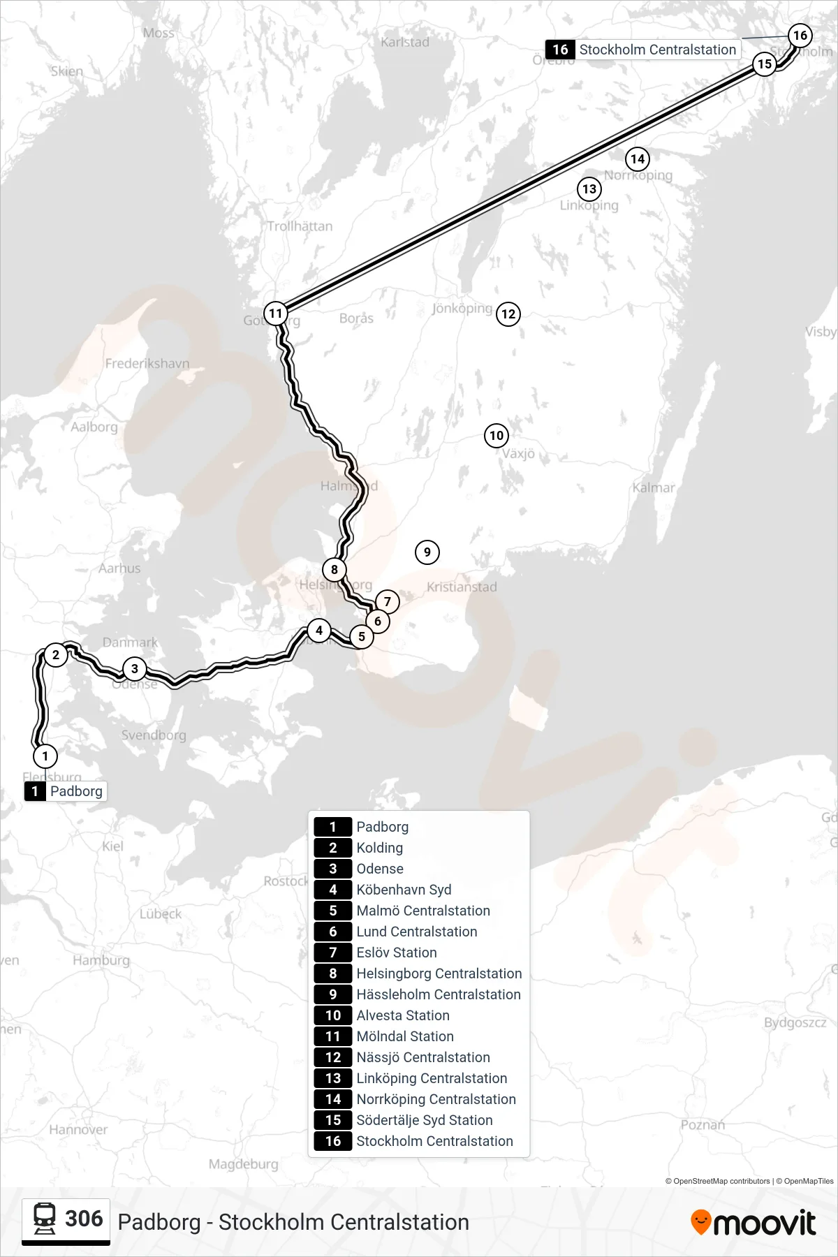 Rutt och hållplatser på karta för linje 306 tåg, (Stockholm Centralstation)