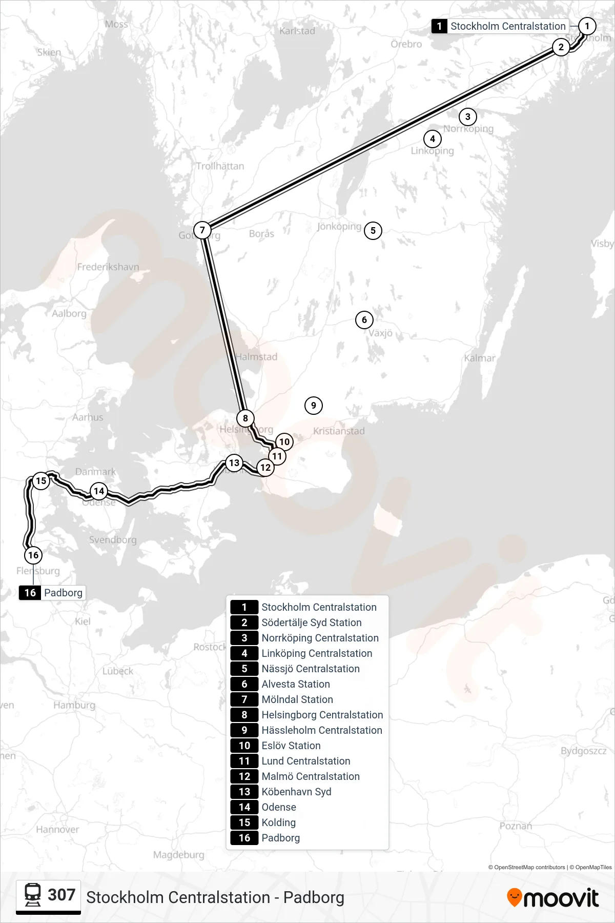 Rutt och hållplatser på karta för linje 307 tåg, (Padborg)