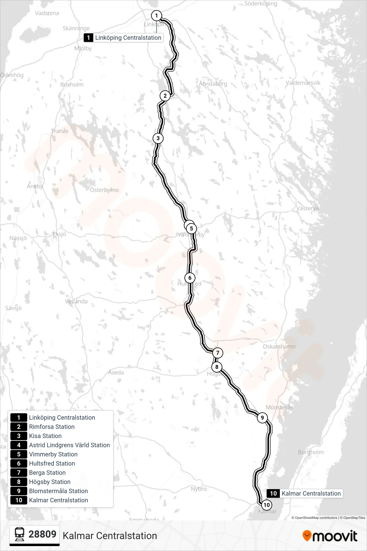 Rutt och hållplatser på karta för linje 28809  tåg, (Kalmar Centralstation)