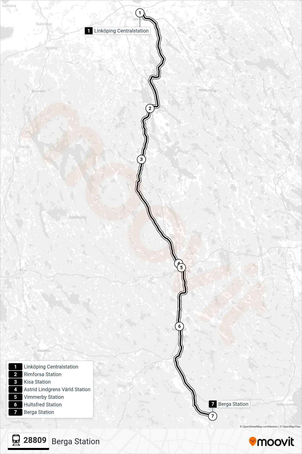 Rutt och hållplatser på karta för linje 28809  tåg, (Berga Station)