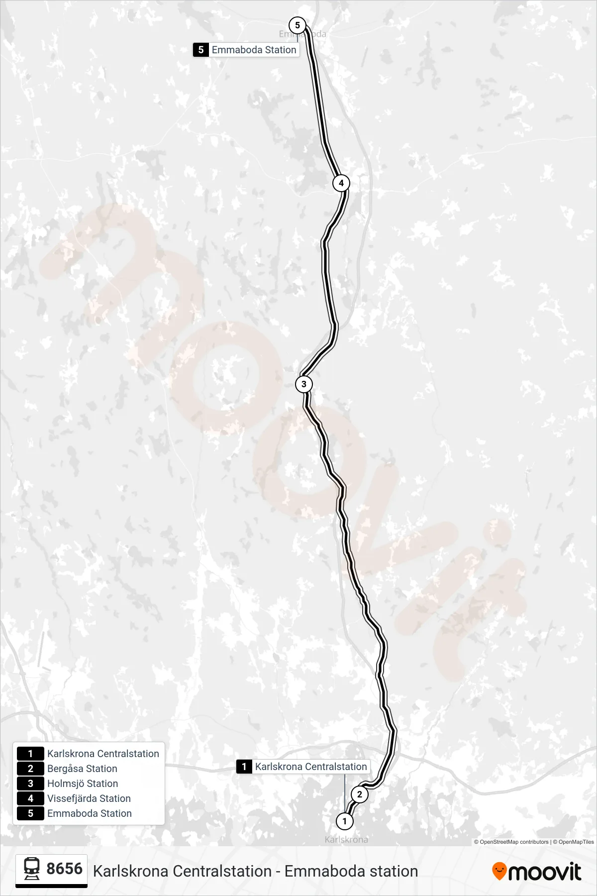 Rutt och hållplatser på karta för linje 8656 spårvagn, (Emmaboda Station)