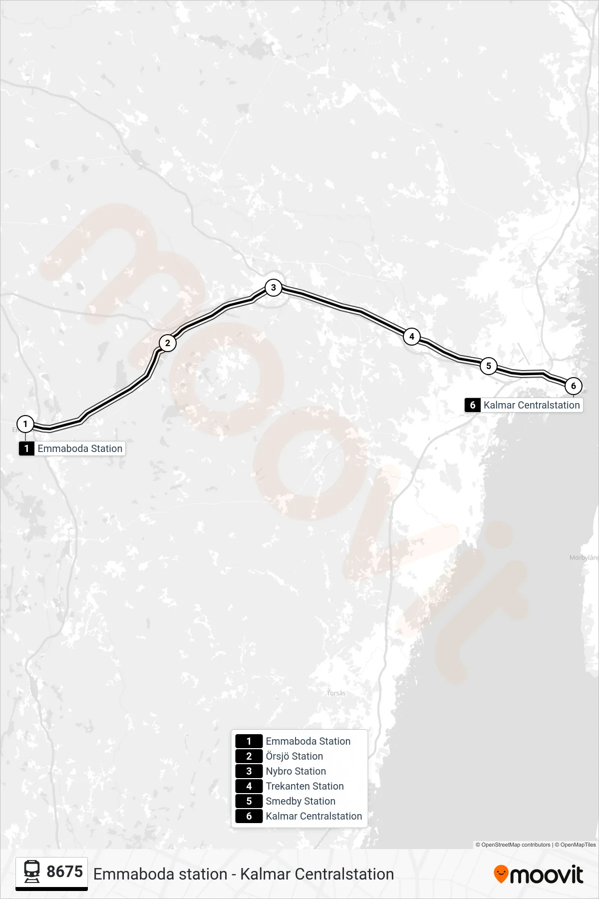 Rutt och hållplatser på karta för linje 8675  spårvagn, (Kalmar Centralstation)