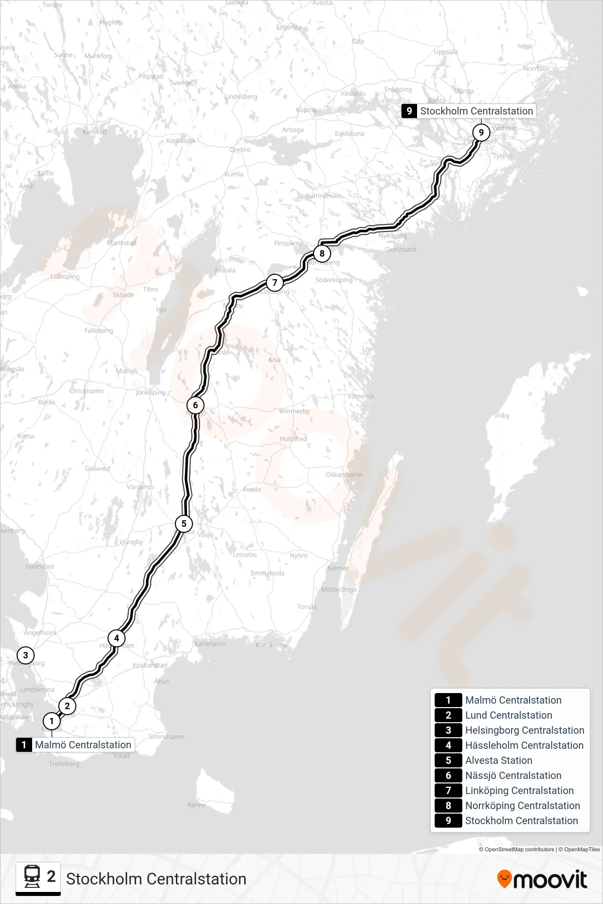 Rutt och hållplatser på karta för linje 2 tåg, (Stockholm Centralstation)