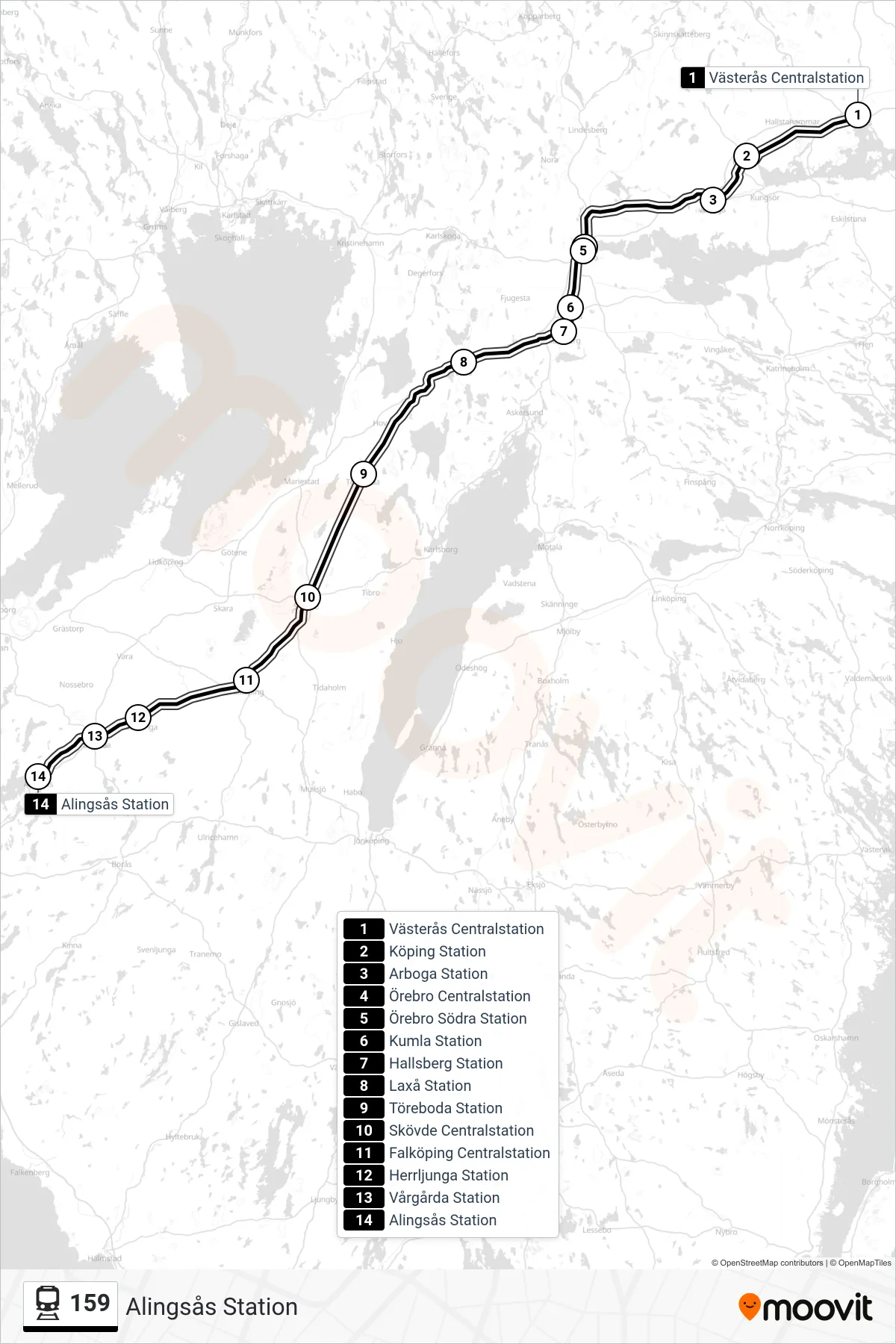 Rutt och hållplatser på karta för linje 159 tåg, (Alingsås Station)