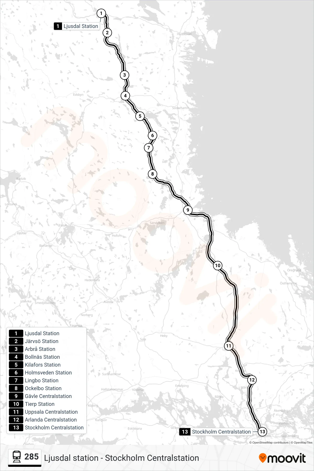 Rutt och hållplatser på karta för linje 285 tåg, (Stockholm Centralstation)